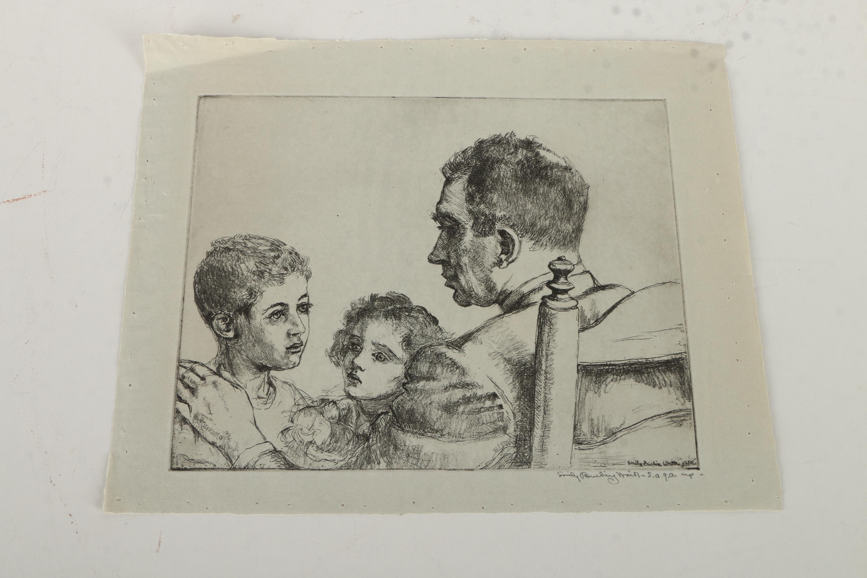 Pair of Emily B. Waite Etchings of a Father and Children