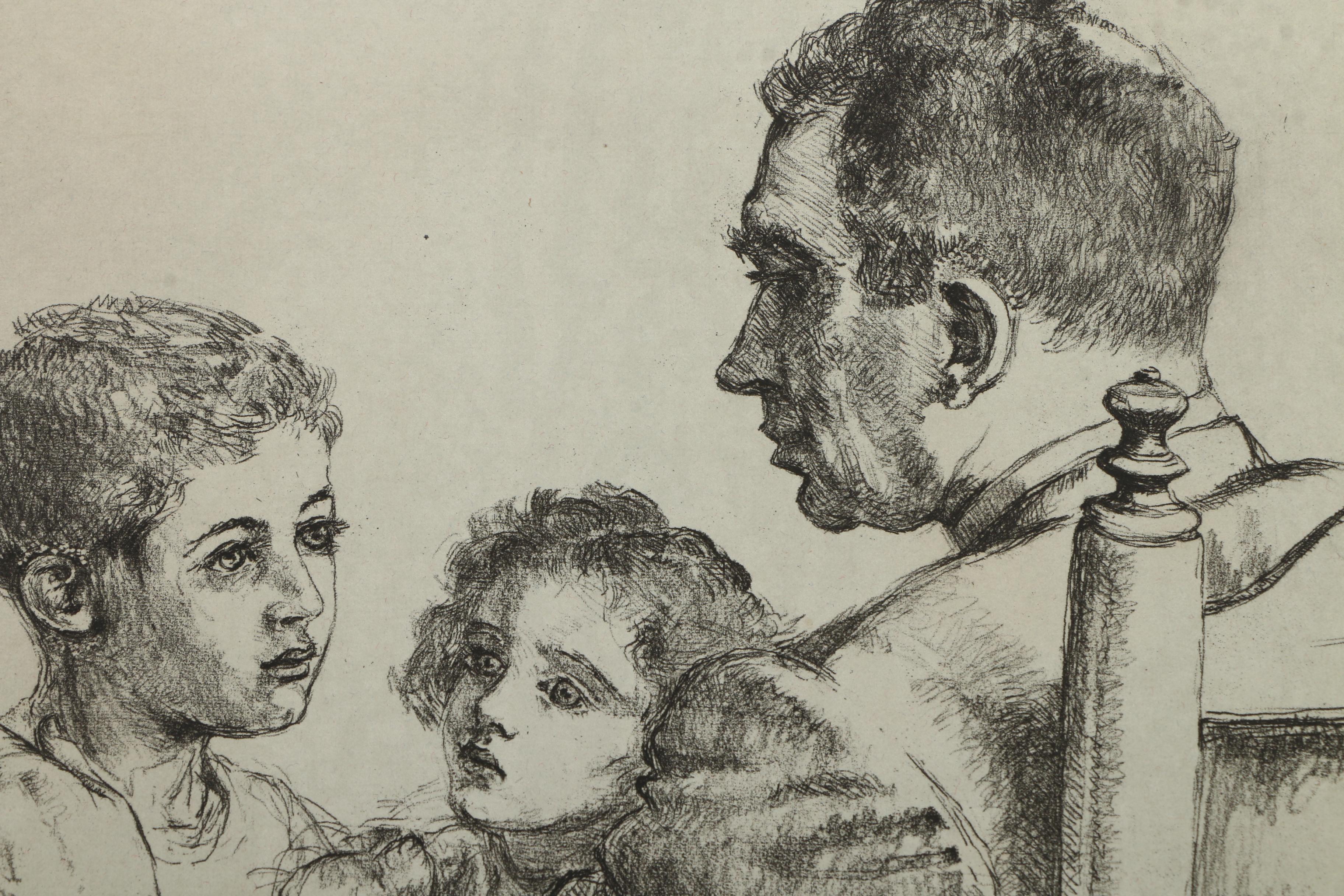Pair of Emily B. Waite Etchings of a Father and Children
