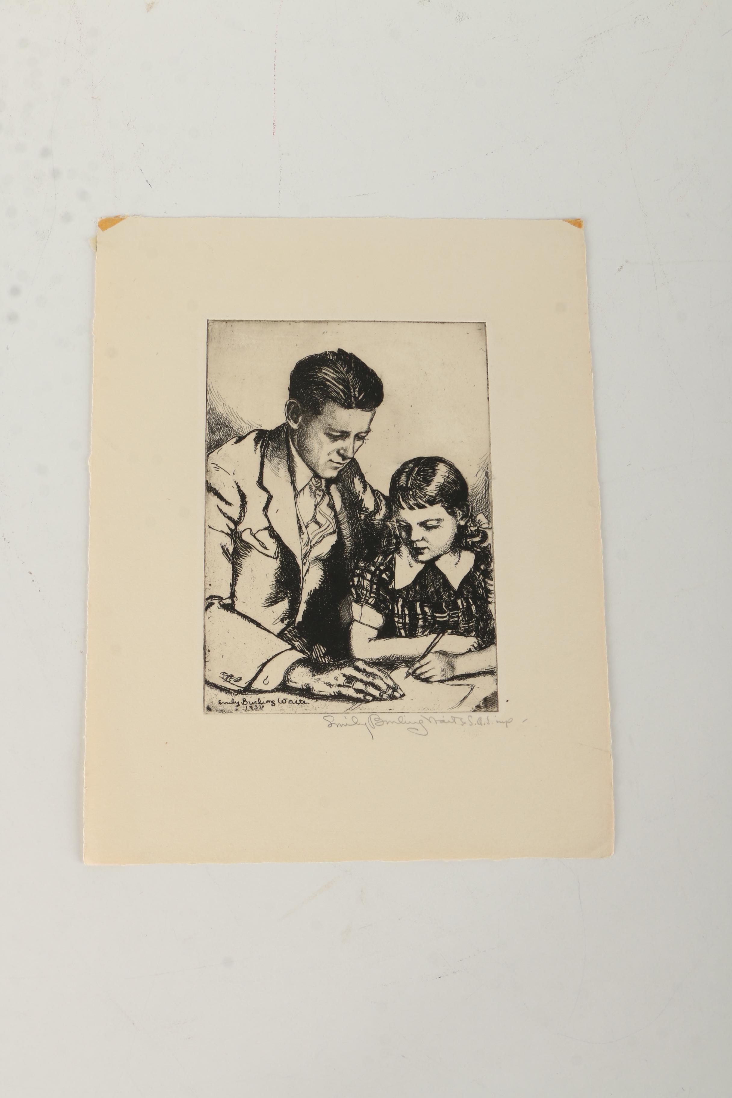 Pair of Emily B. Waite Etchings of a Father and Children