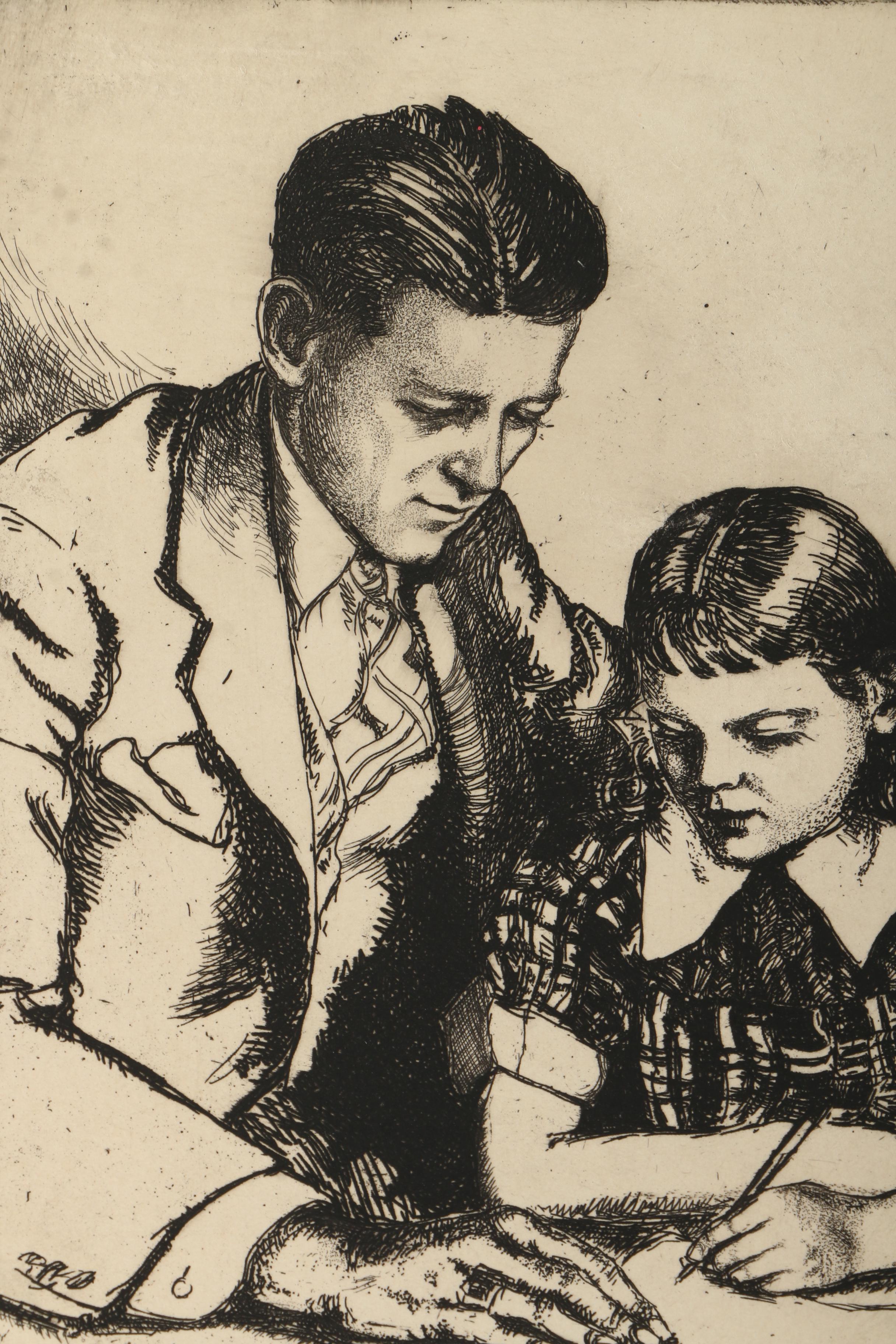 Pair of Emily B. Waite Etchings of a Father and Children