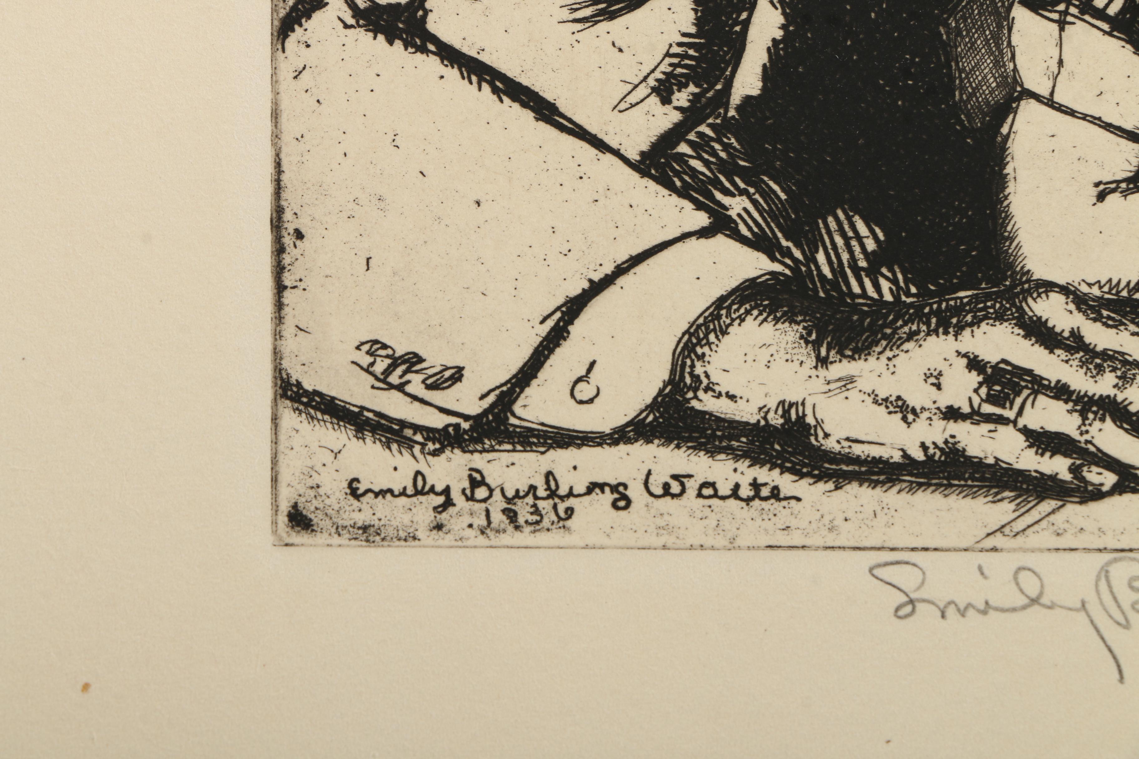 Pair of Emily B. Waite Etchings of a Father and Children