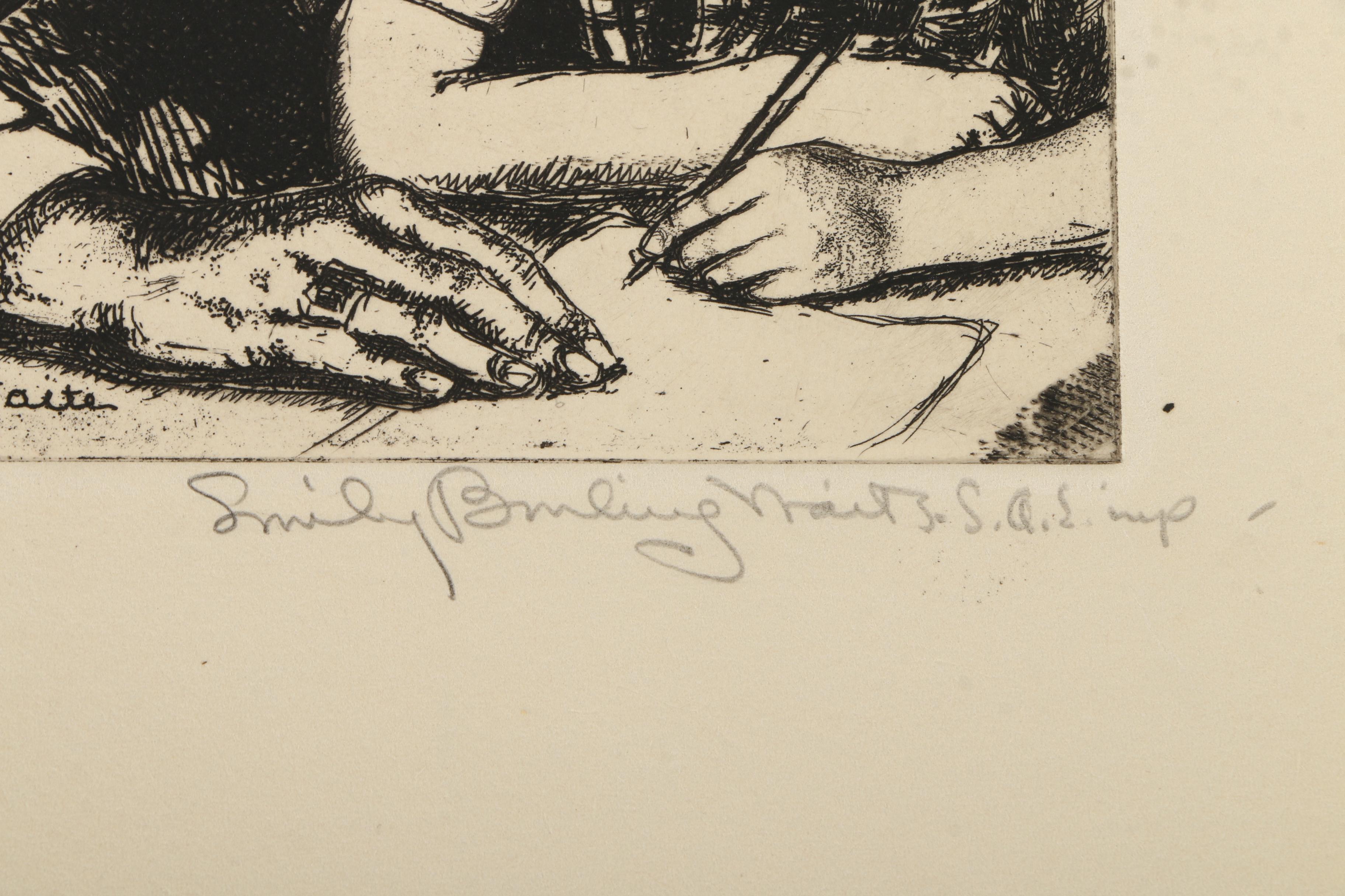 Pair of Emily B. Waite Etchings of a Father and Children