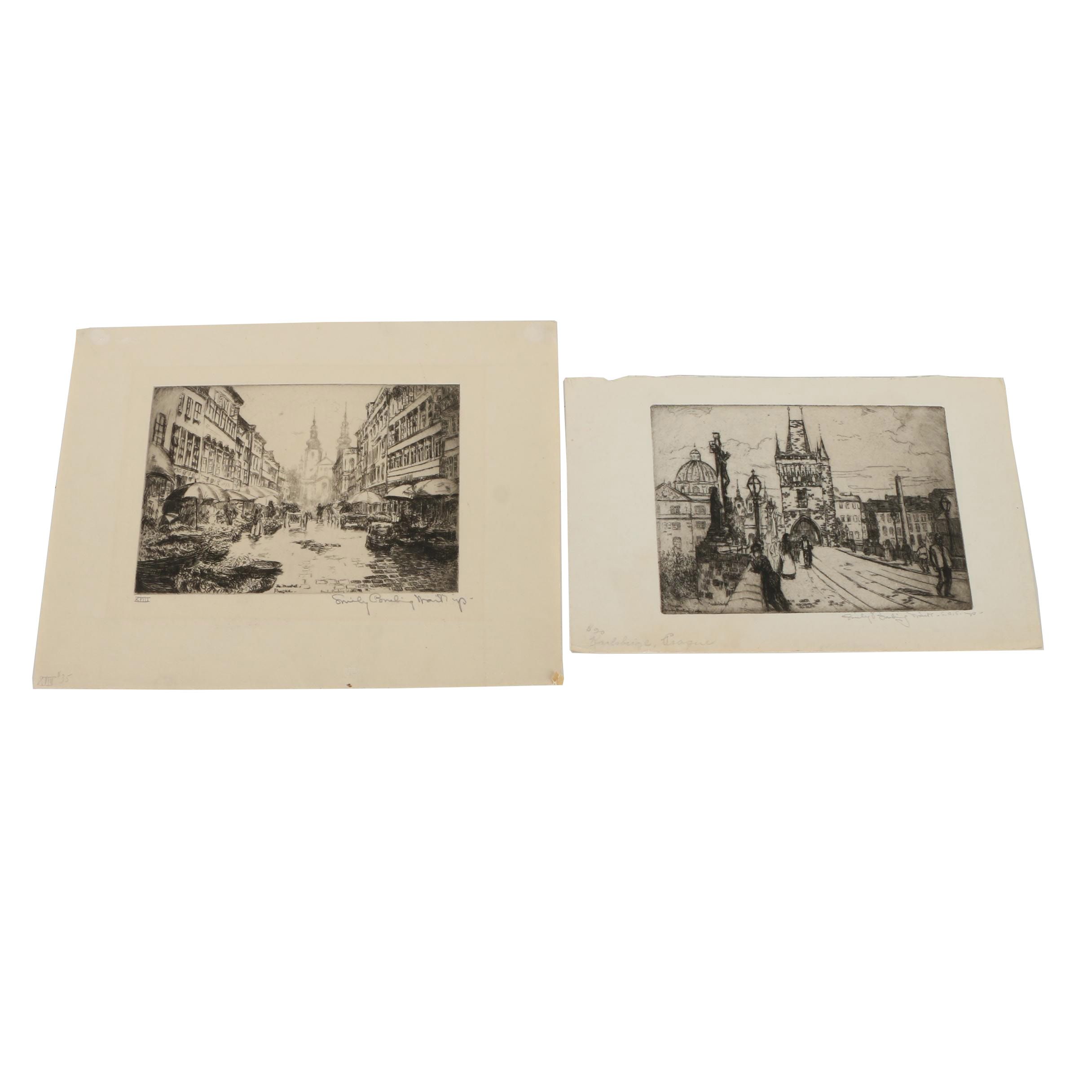 Emily B. Waite Drypoint Etchings "The Market" and "Karlsbridge"