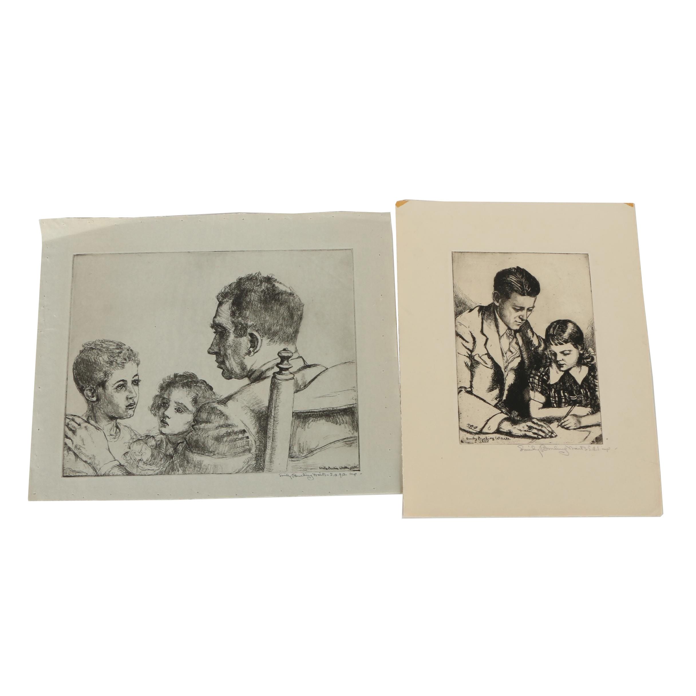 Pair of Emily B. Waite Etchings of a Father and Children
