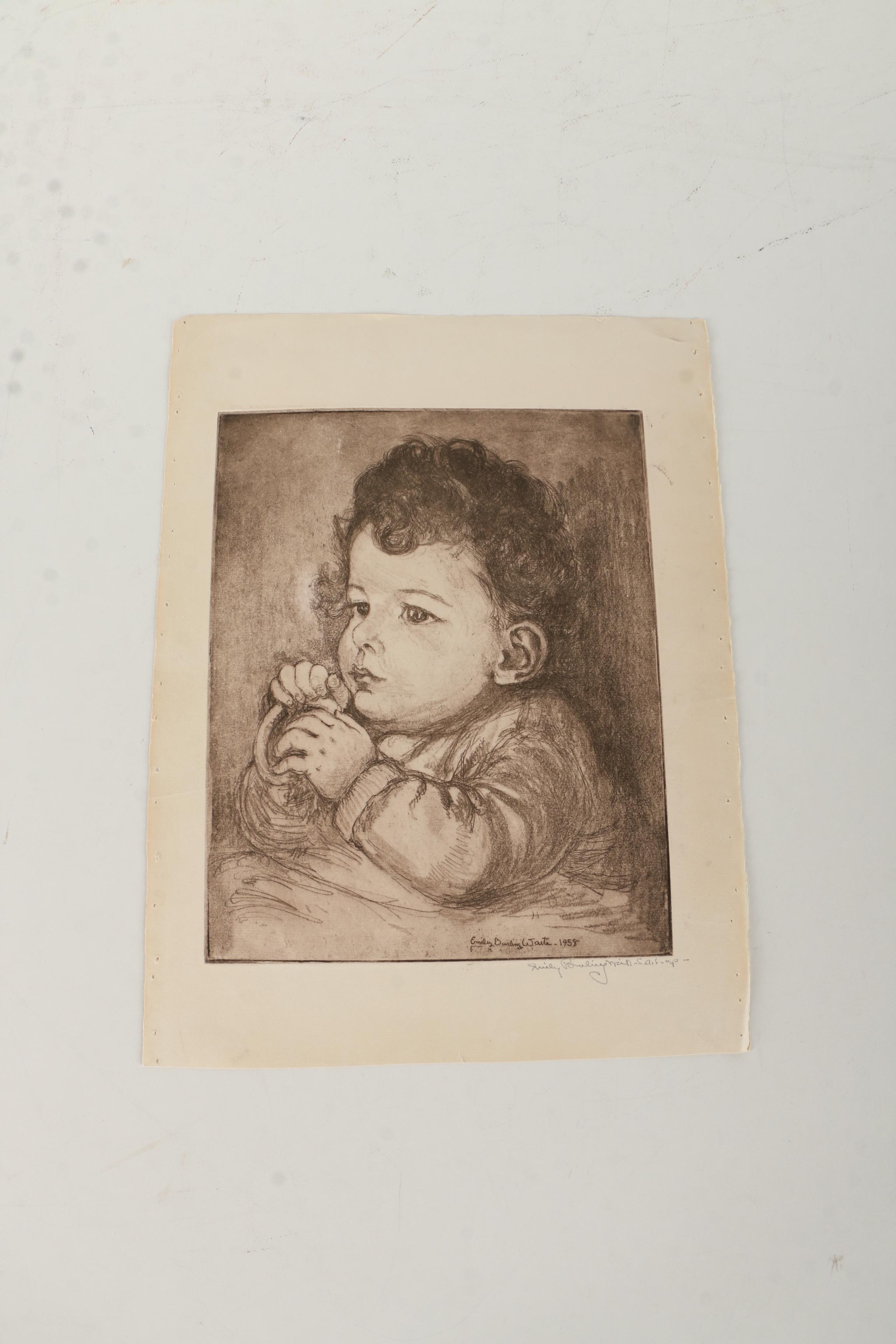 Emily B. Waite Aquatint Etchings of Children and a Doll
