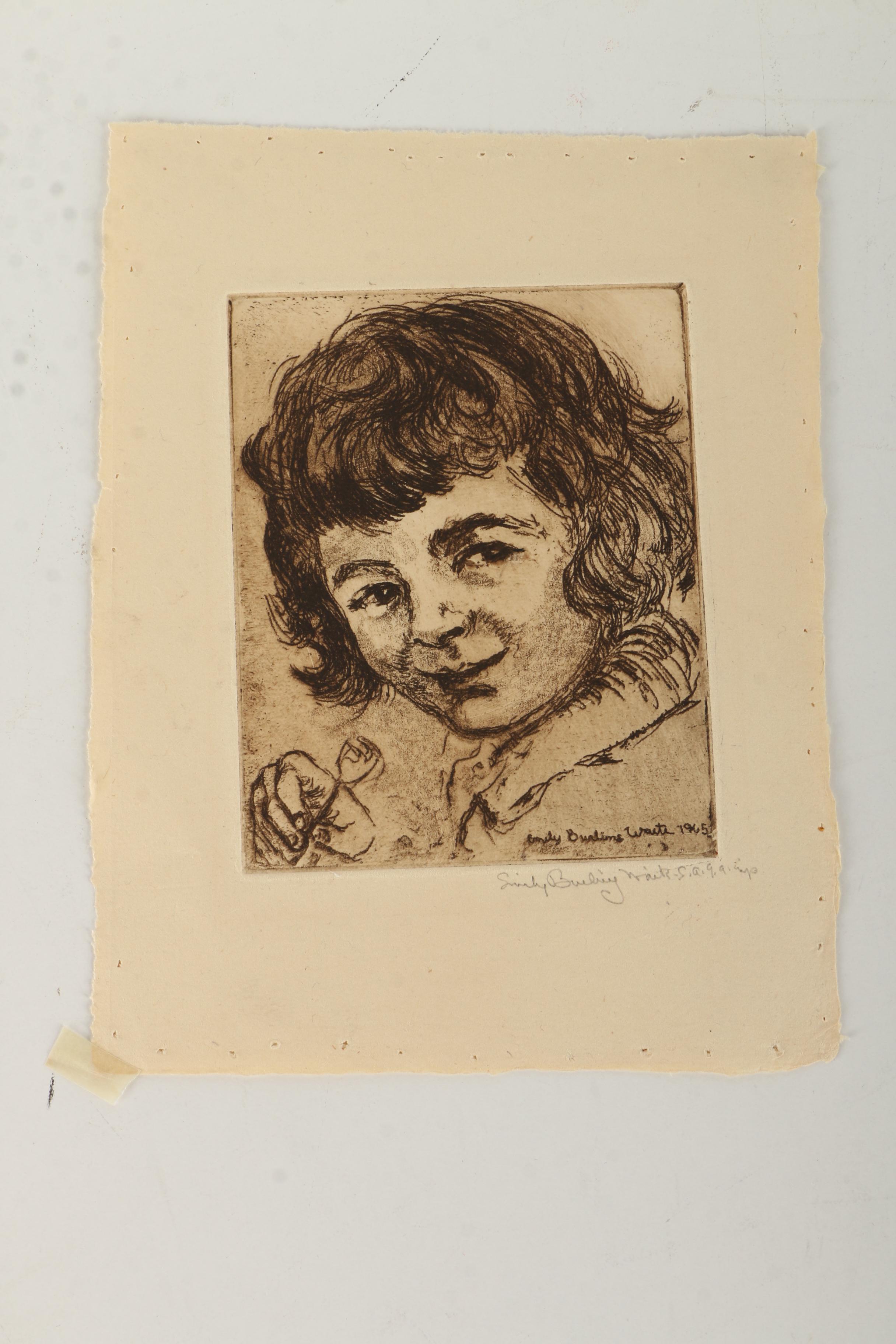 Emily B. Waite Aquatint Etchings of Children and a Doll