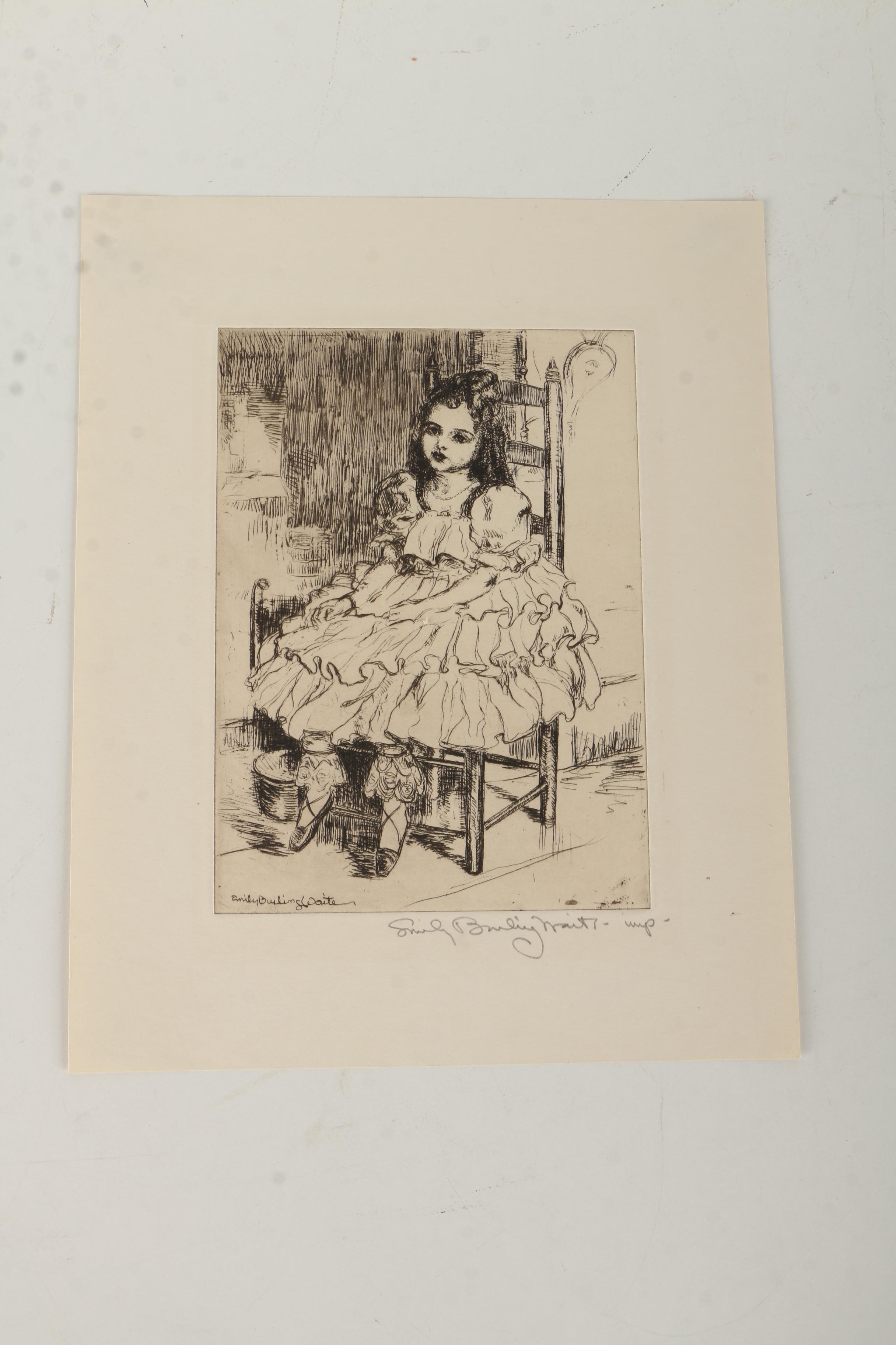 Emily B. Waite Aquatint Etchings of Children and a Doll