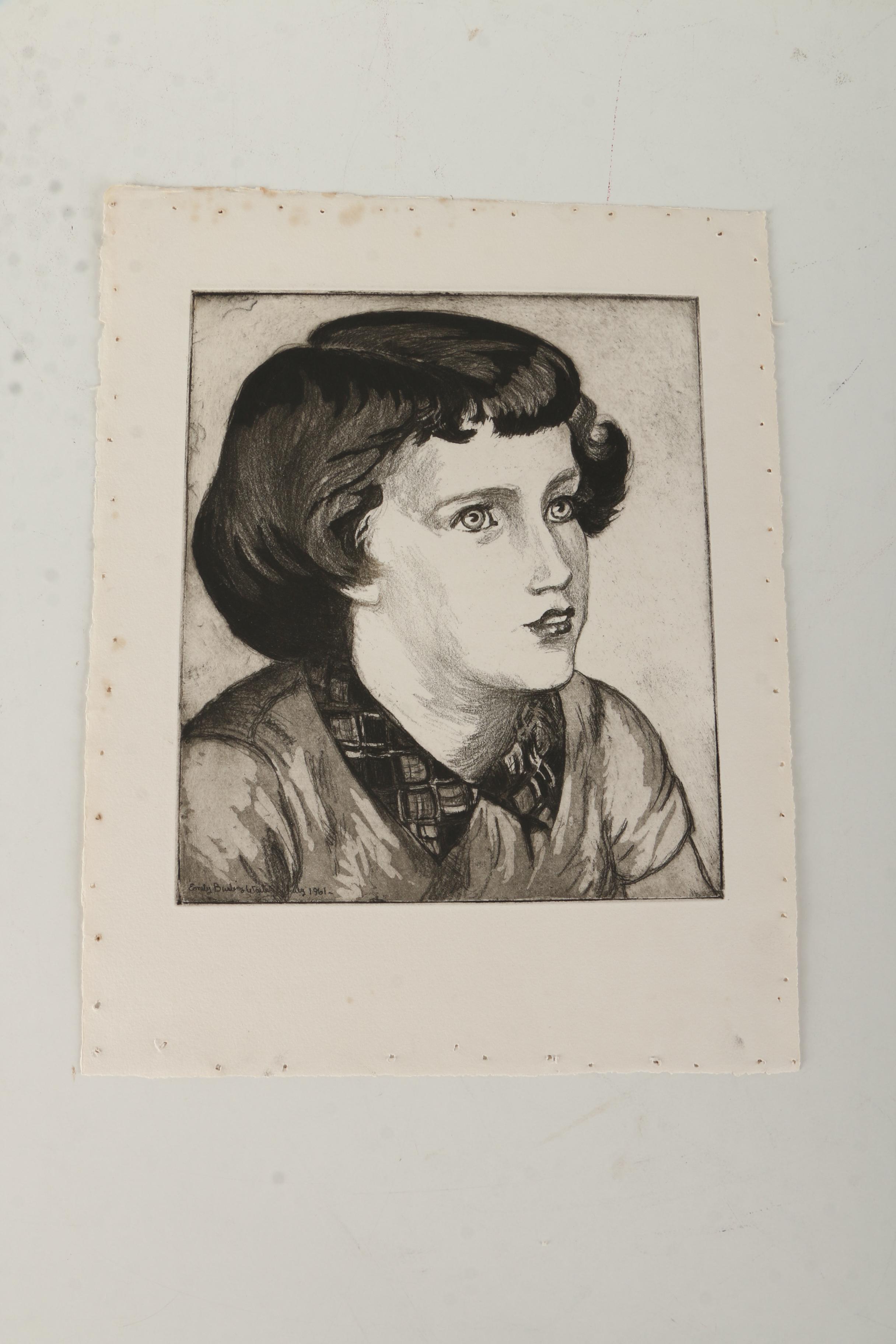 Emily B. Waite Aquatint Etchings of Children and a Doll