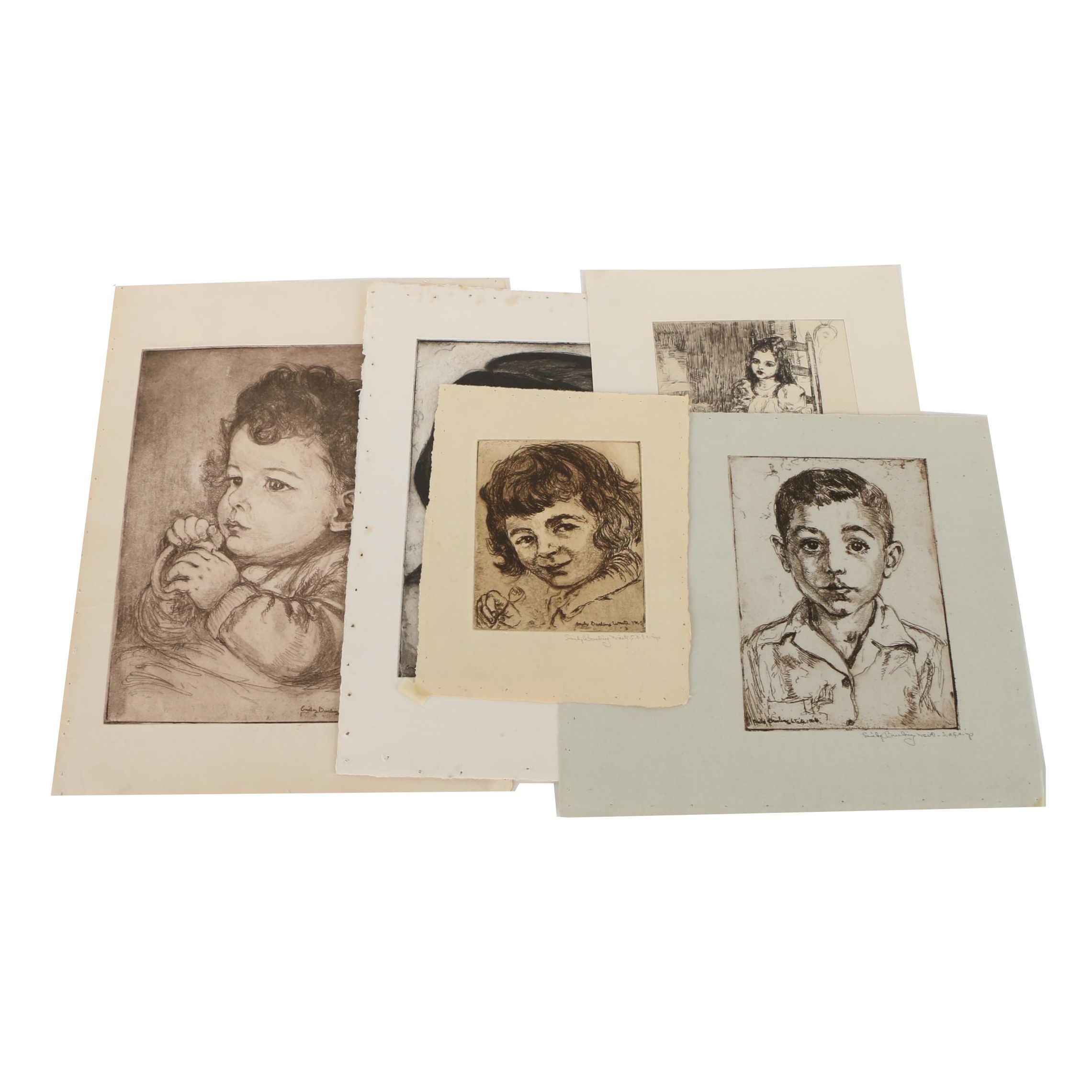 Emily B. Waite Aquatint Etchings of Children and a Doll