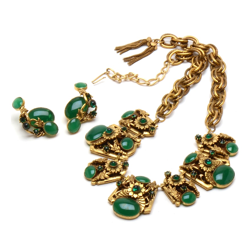 Demi-Parure Vintage Necklace and Clip-On Earrings in Goldtone