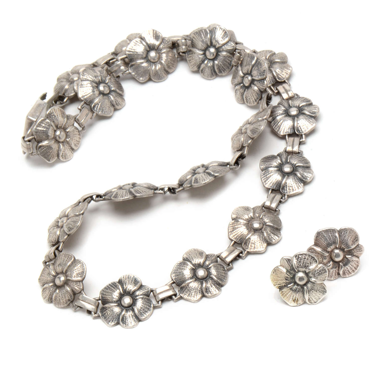 Vintage Sterling Silver Floral Link Necklace and Pierced Earrings