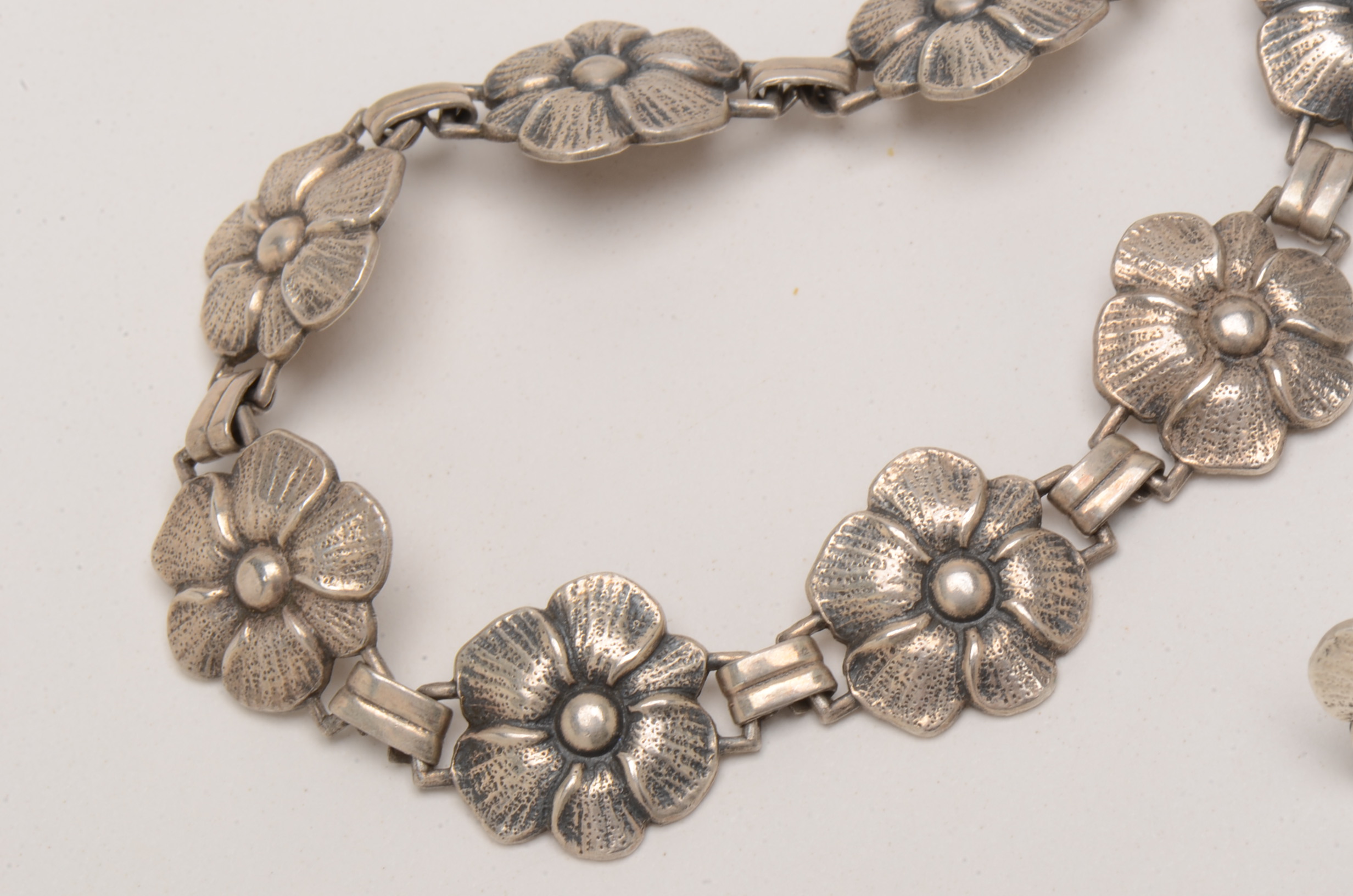 Vintage Sterling Silver Floral Link Necklace and Pierced Earrings