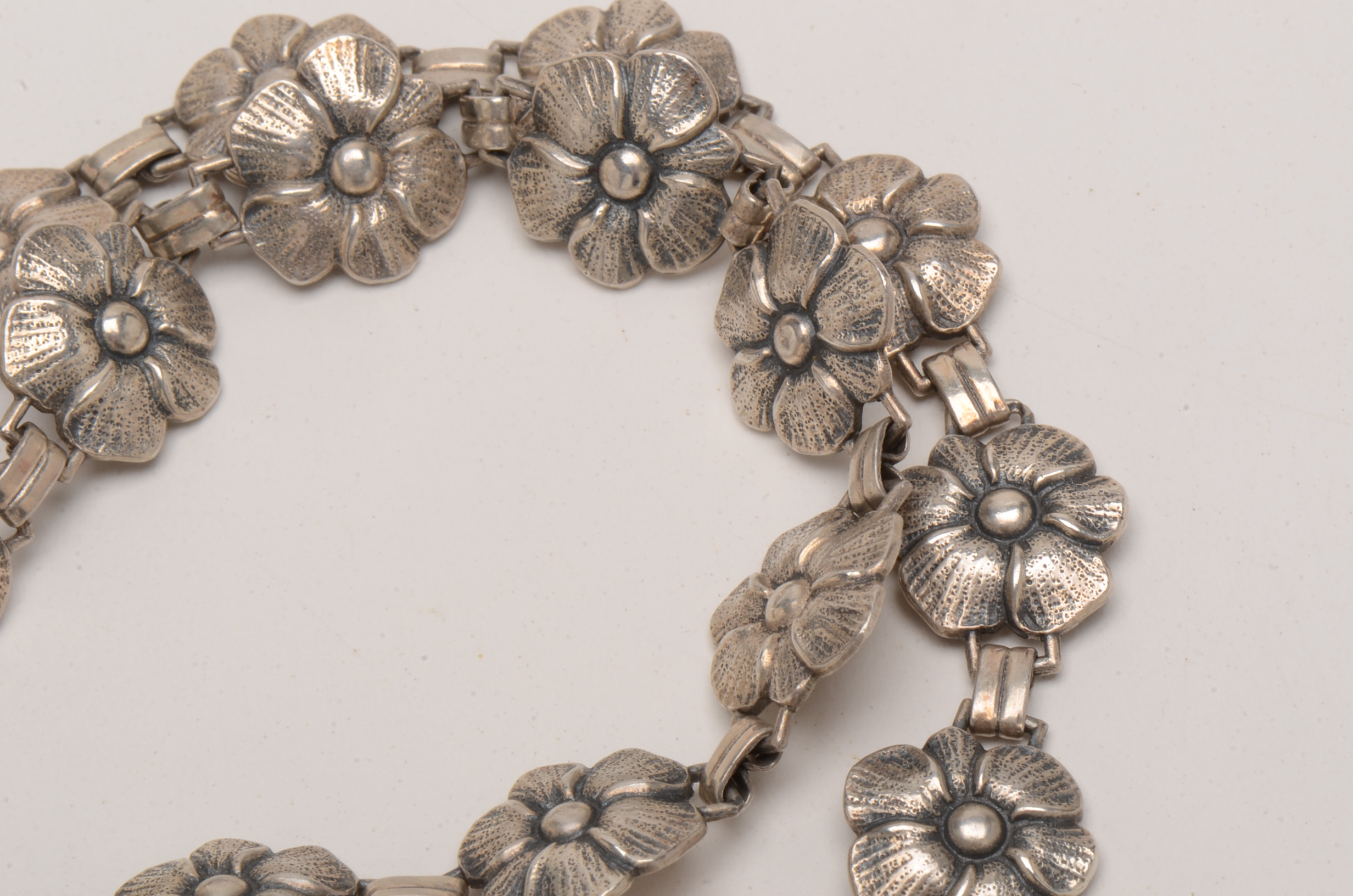 Vintage Sterling Silver Floral Link Necklace and Pierced Earrings