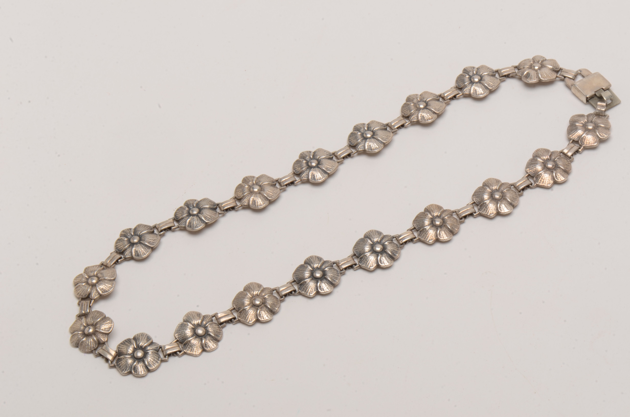 Vintage Sterling Silver Floral Link Necklace and Pierced Earrings