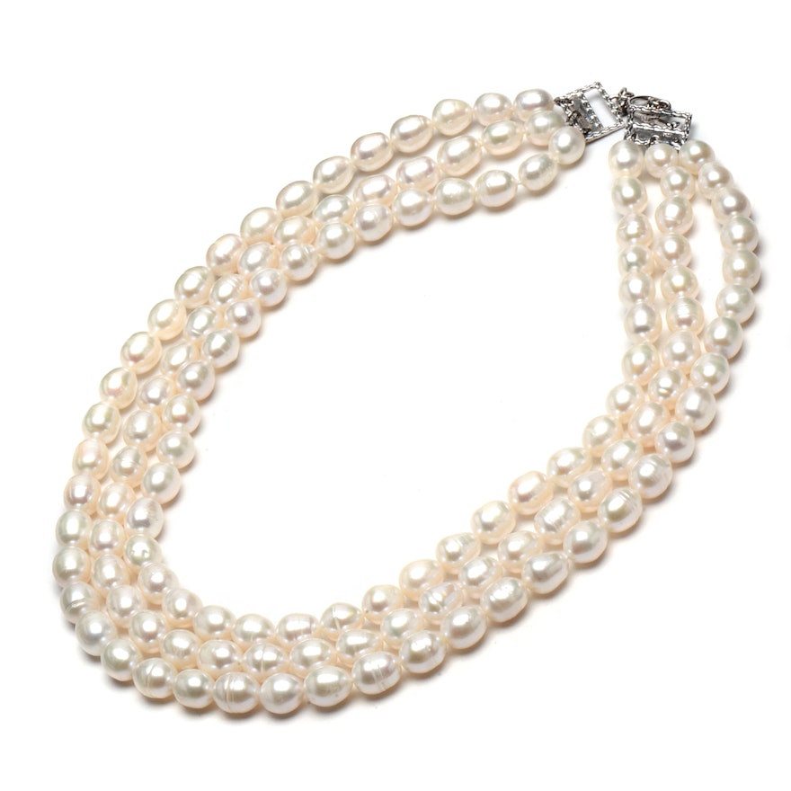 Cultured Freshwater Ringed Pearl Necklace with Sterling Clasp