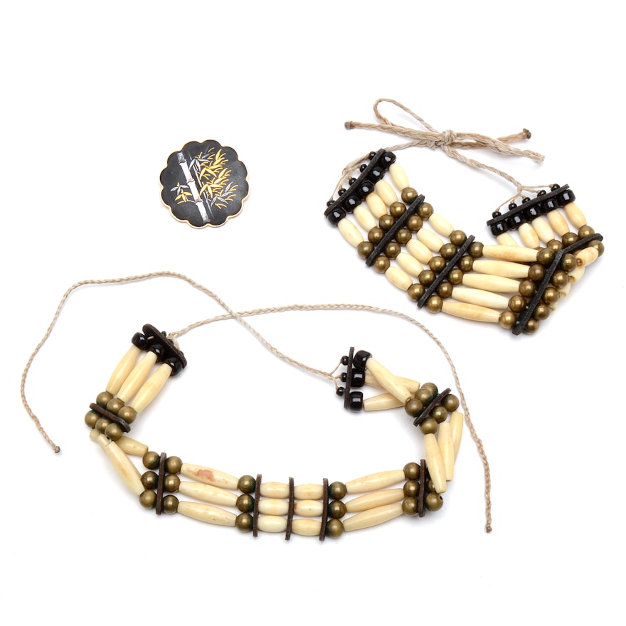 Two Handmade Bone Bead Choker Necklaces and Amita Nielloware Pin