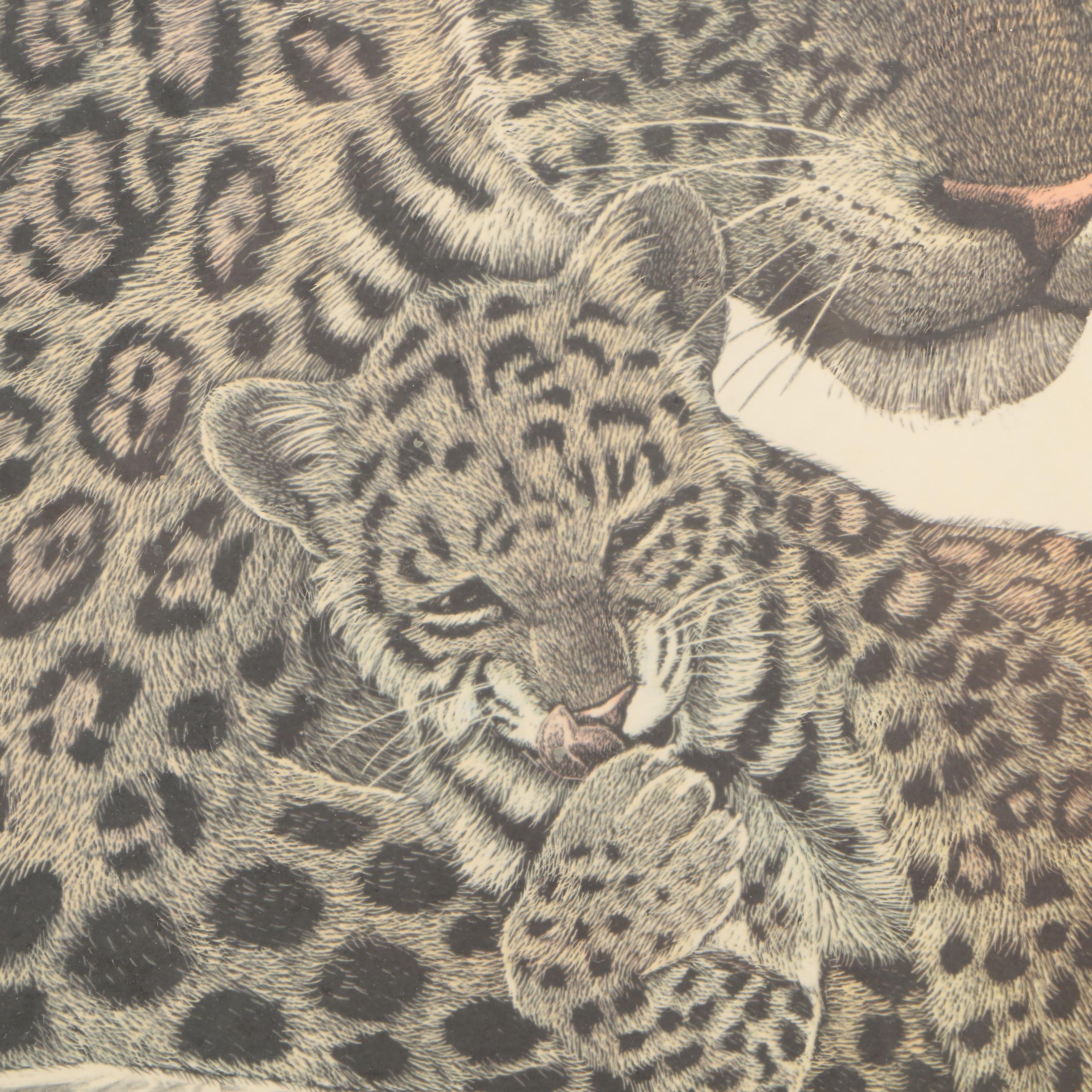 Offset Lithograph on Paper of Leopard and Cub After  Rama "Sam" Samaraweera