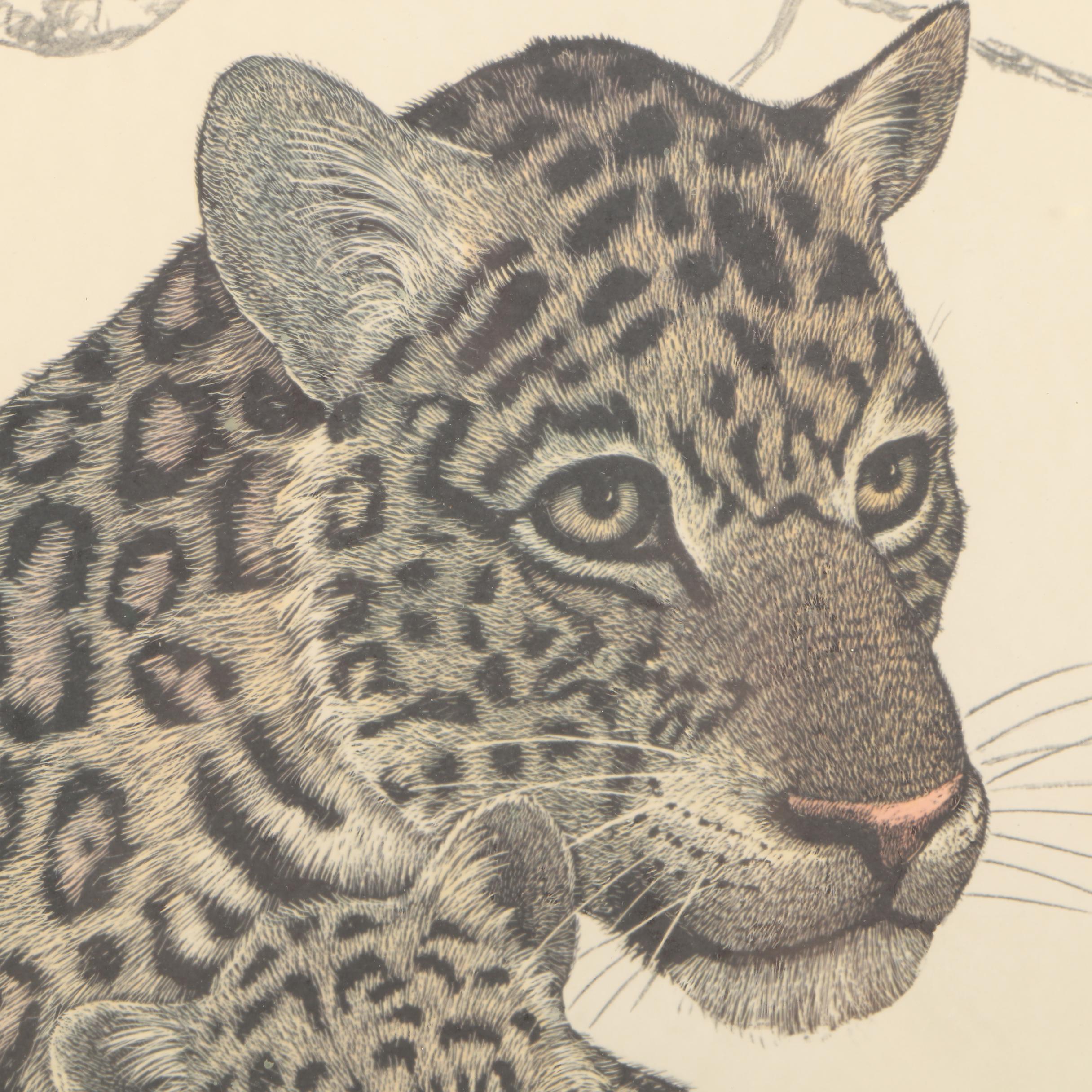 Offset Lithograph on Paper of Leopard and Cub After  Rama "Sam" Samaraweera