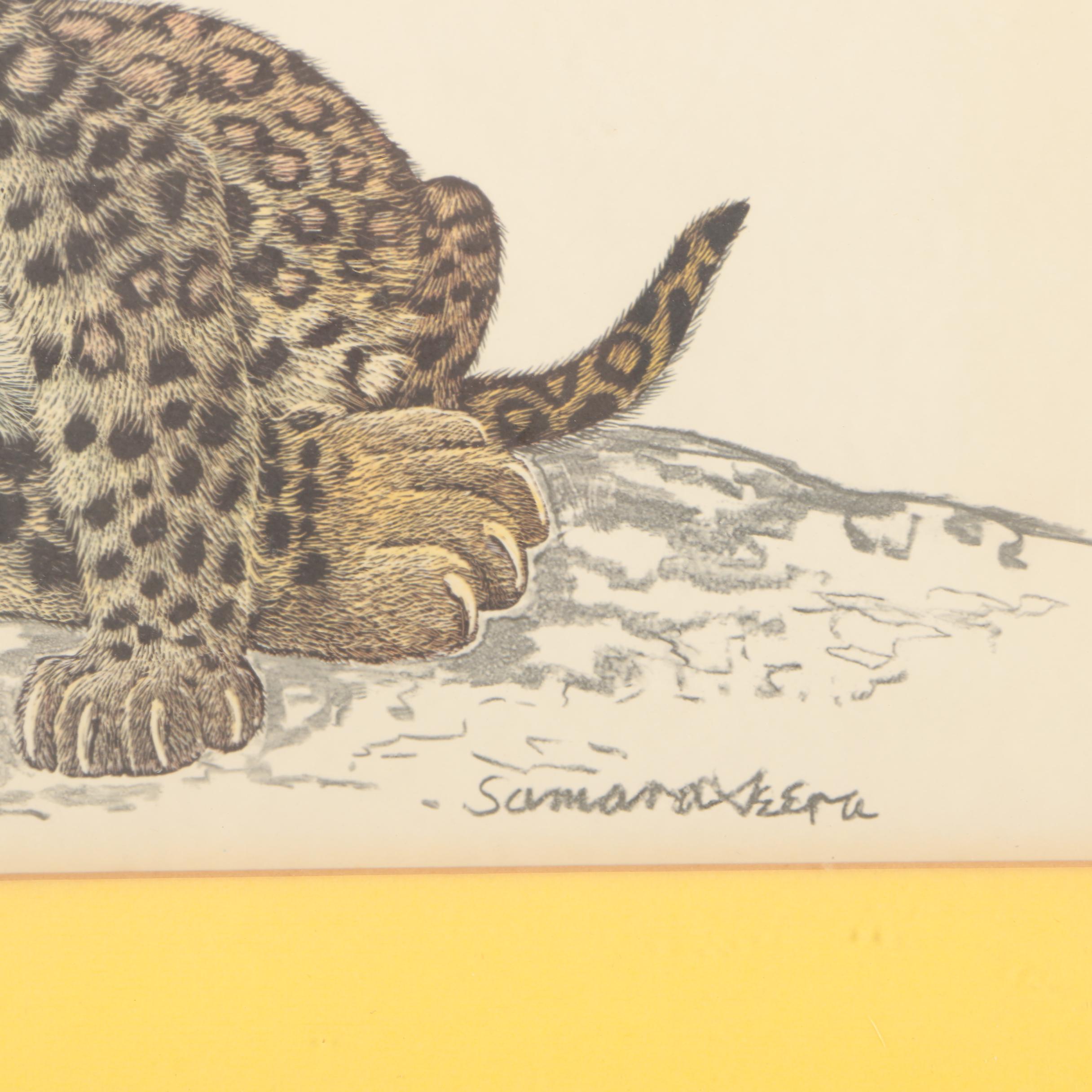 Offset Lithograph on Paper of Leopard and Cub After  Rama "Sam" Samaraweera