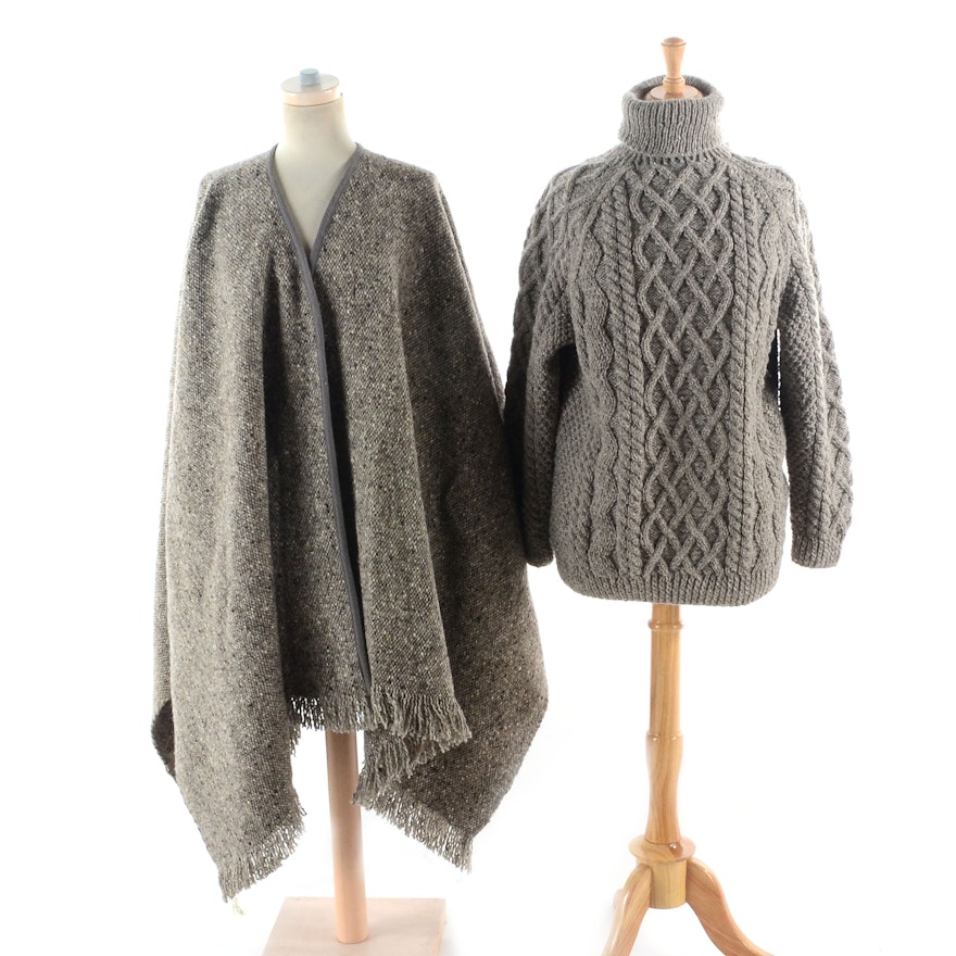 Women's Vintage Irish Wool Aran Sweater and Tweed Poncho