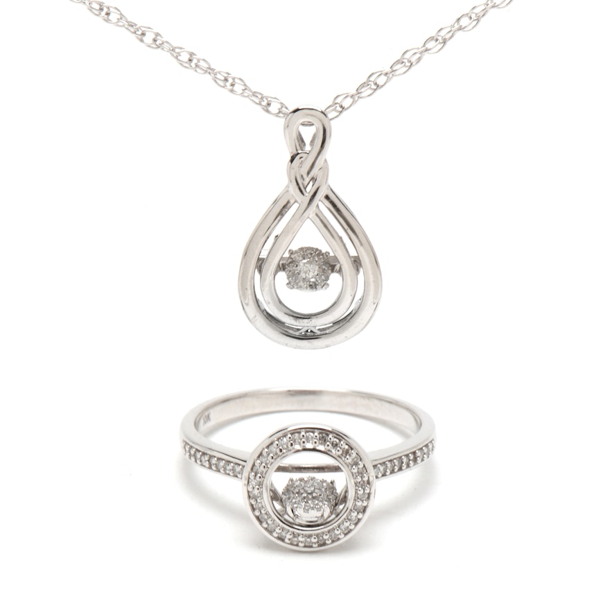 10K White Gold Diamond "Rhythm" Style Ring and Pendant Necklace