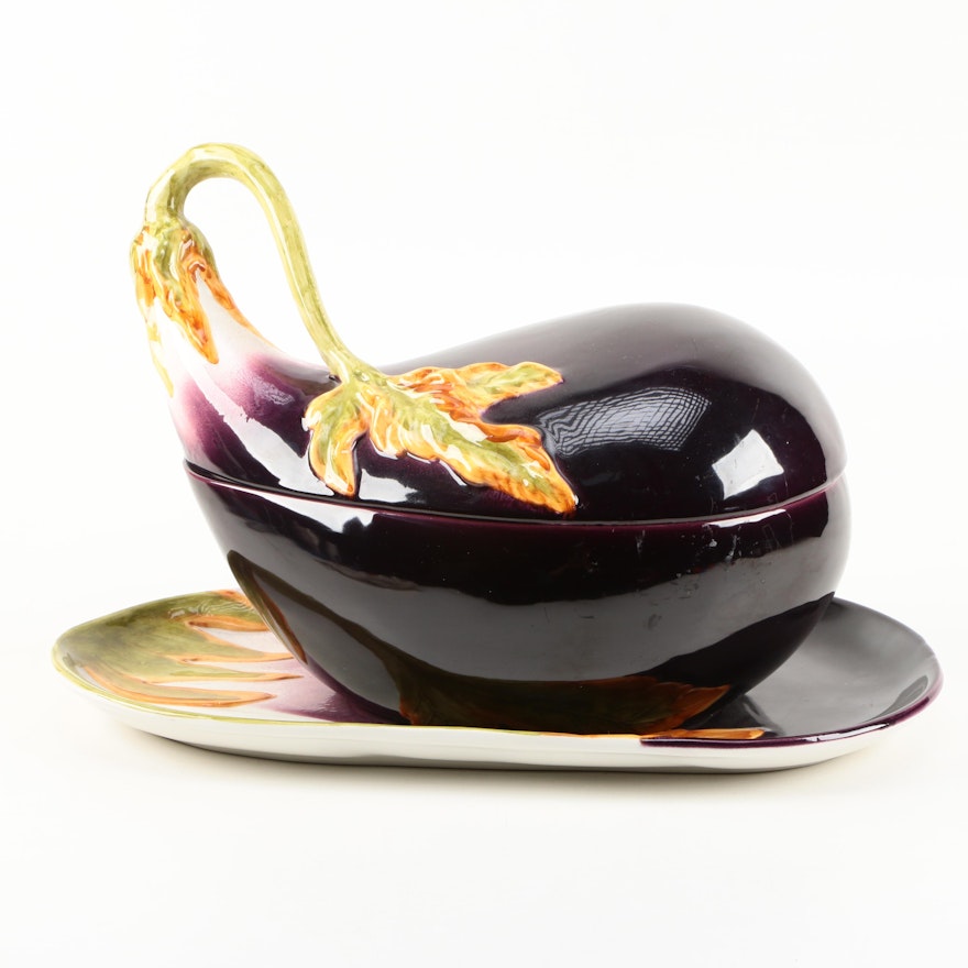 Mancer Italian Ceramic Eggplant Lidded Soup Tureen and Platter
