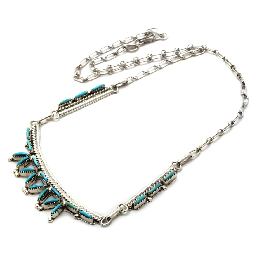 Zuni Signed Sterling Silver Petit Point Turquoise Necklace