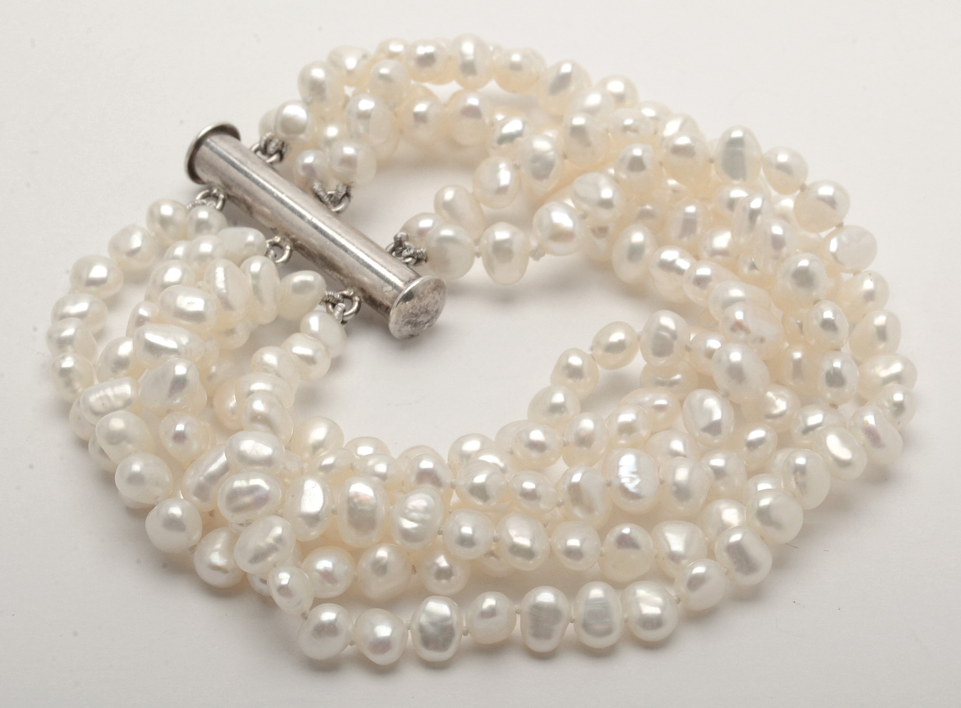 Hand Knotted Sterling and Multi-Strand Freshwater Pearl Bracelet