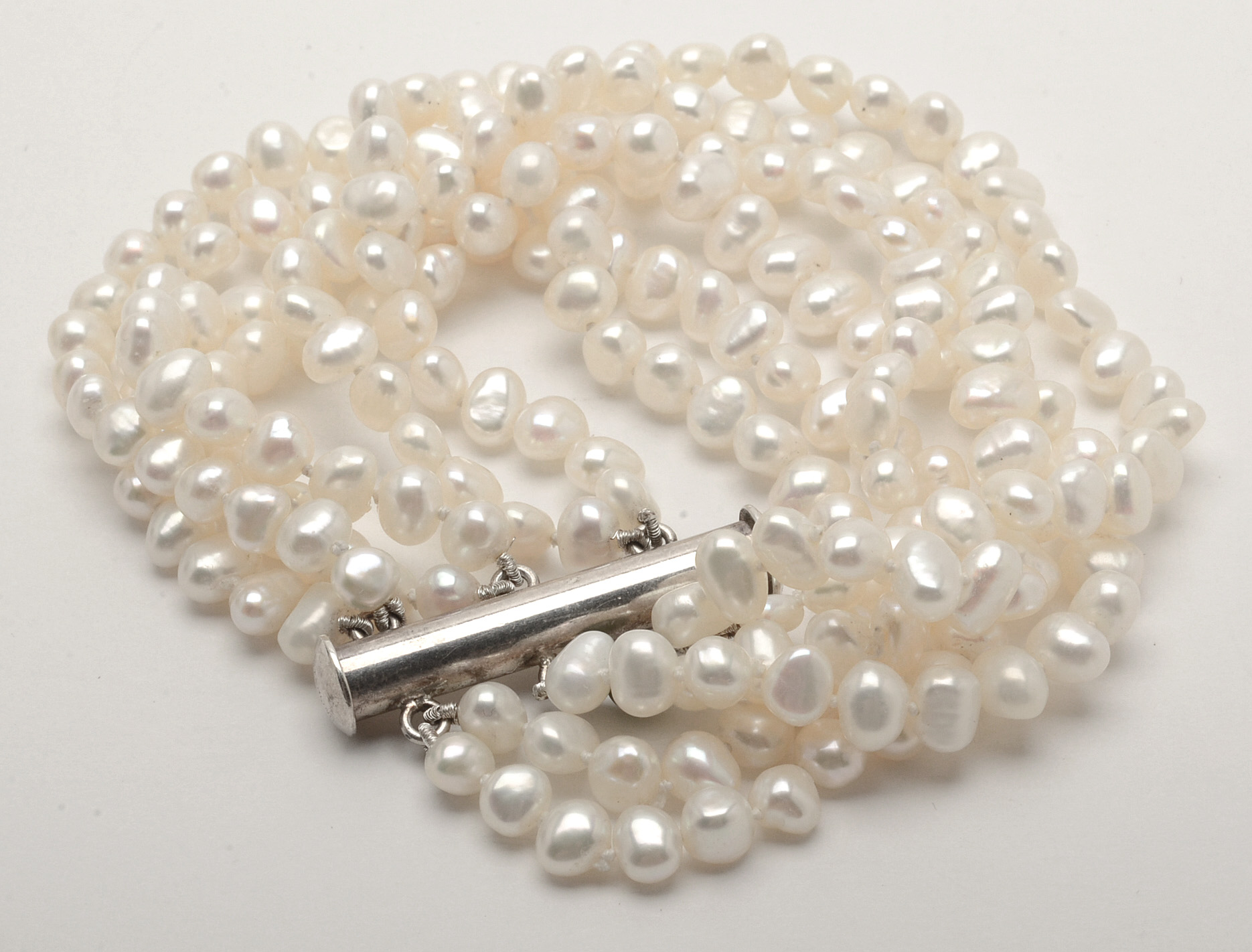 Hand Knotted Sterling and Multi-Strand Freshwater Pearl Bracelet