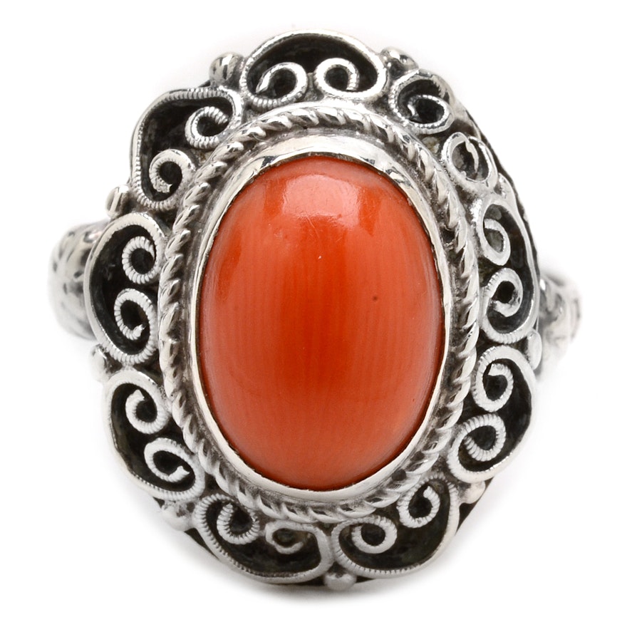Early Vintage 800 Silver Coral Openwork Ring