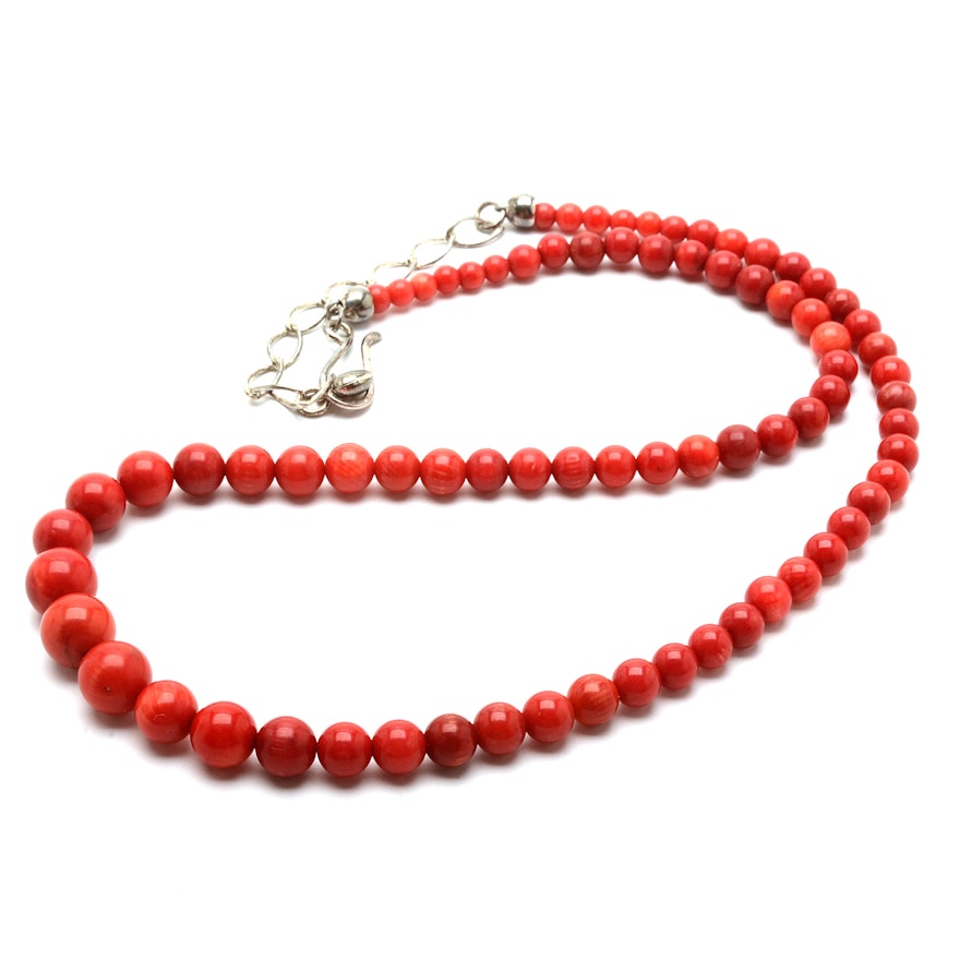 DR Trading Sterling and Red Coral Graduated Beaded Necklace