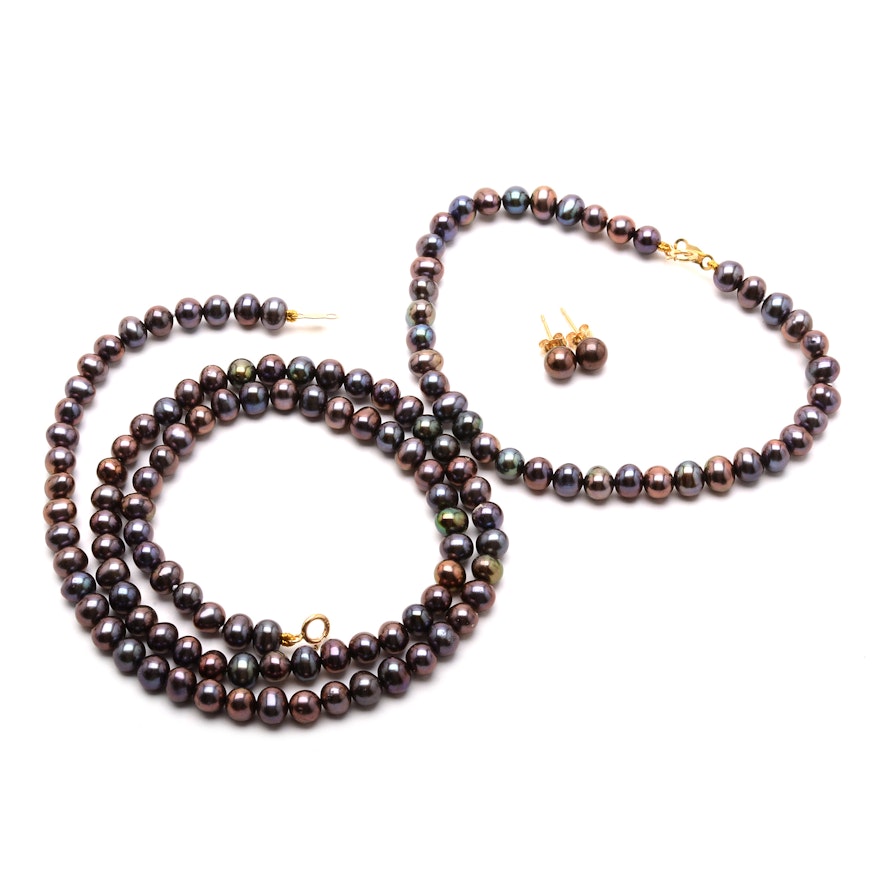 Grand-Parure Cultured Black Button Pearl Set with 14K Gold Clasps