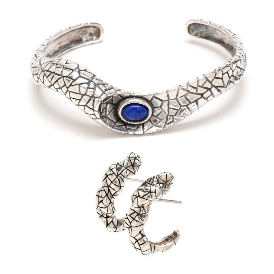 Sterling Silver Lapis Lazuli Cuff and Pierced Earrings