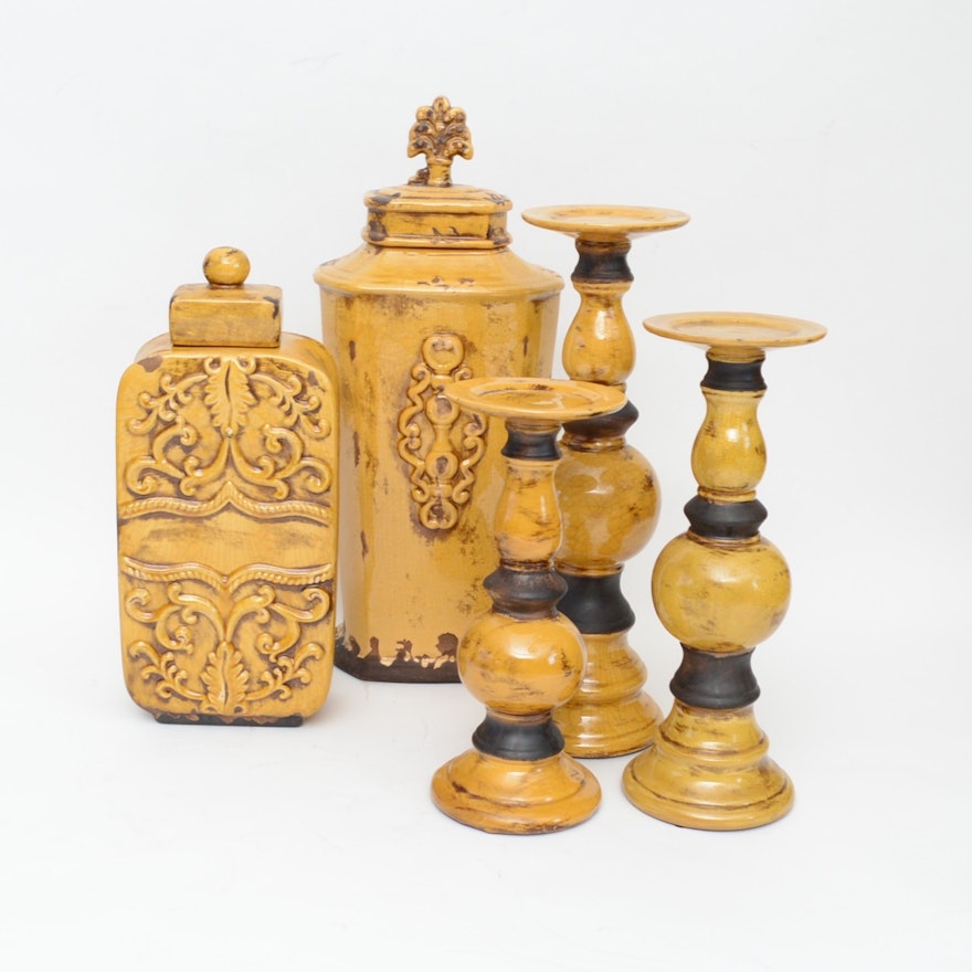 Yellow Pottery Vases and Candle Pillars