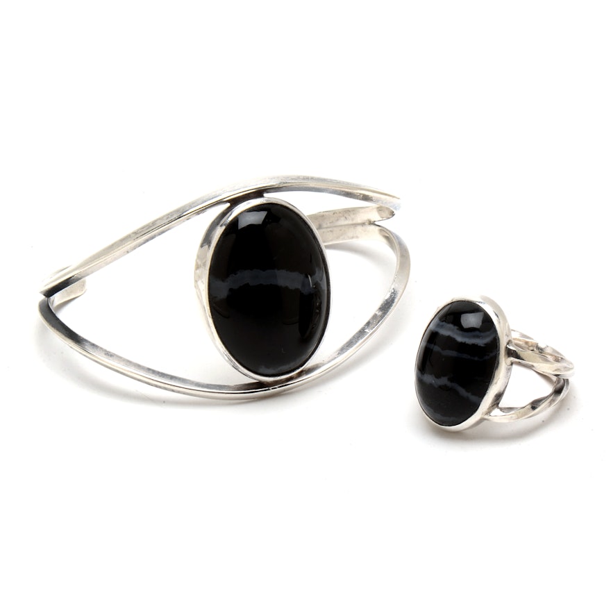 Sterling Silver and Banded Onyx Cuff and Ring