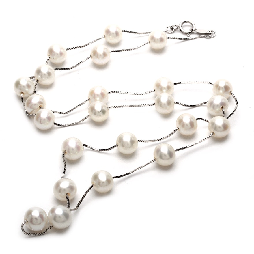 14K White Gold and Cultured Pearl Station Necklace
