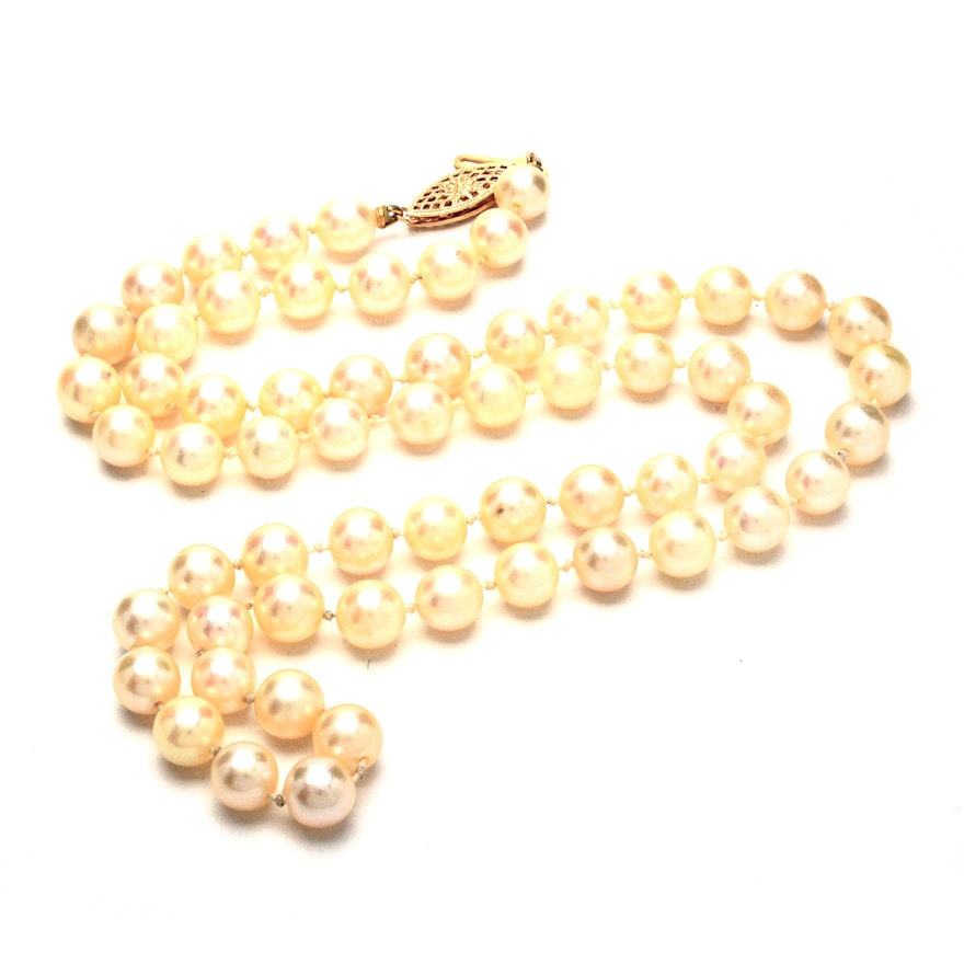 Double Knotted Cultured Pearl Necklace with 14K Yellow Gold Clasp