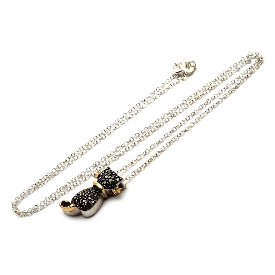 A. Vahan Sterling and 14K Gold Black Diamond Cat Pendant Necklace