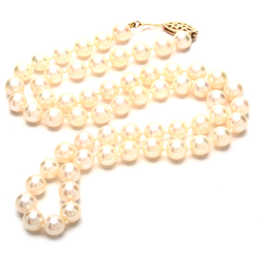 Double Knotted Cultured Pearl Necklace with 14K Yellow Gold Clasp