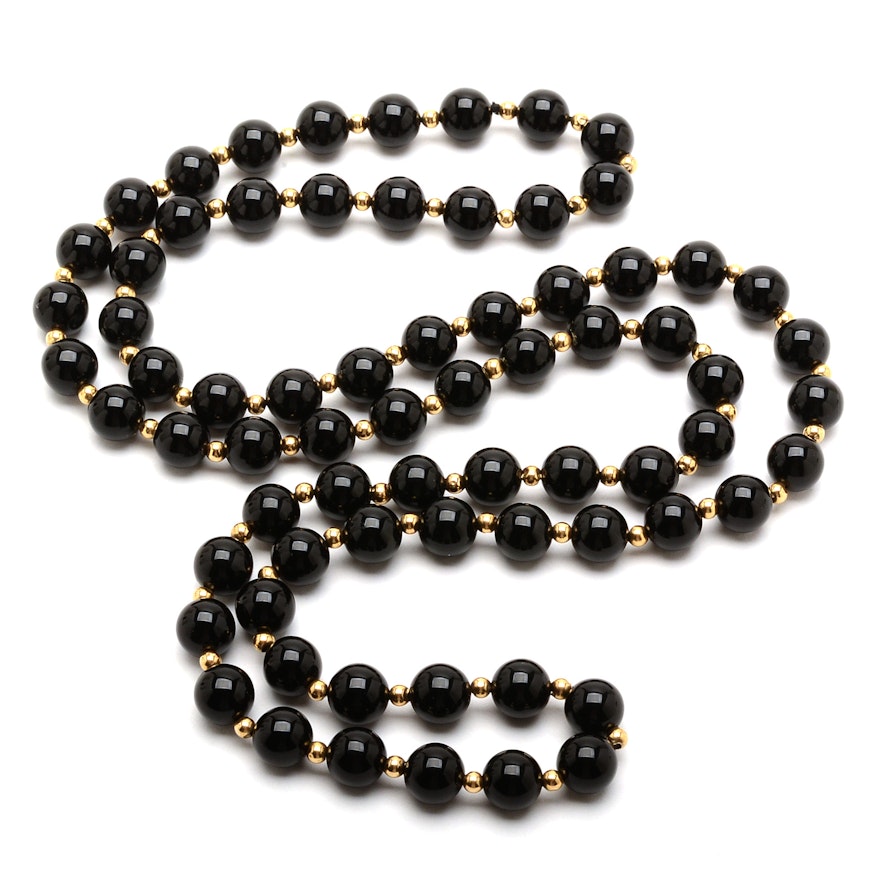 14K Yellow Gold and Black Onyx Beaded Necklace