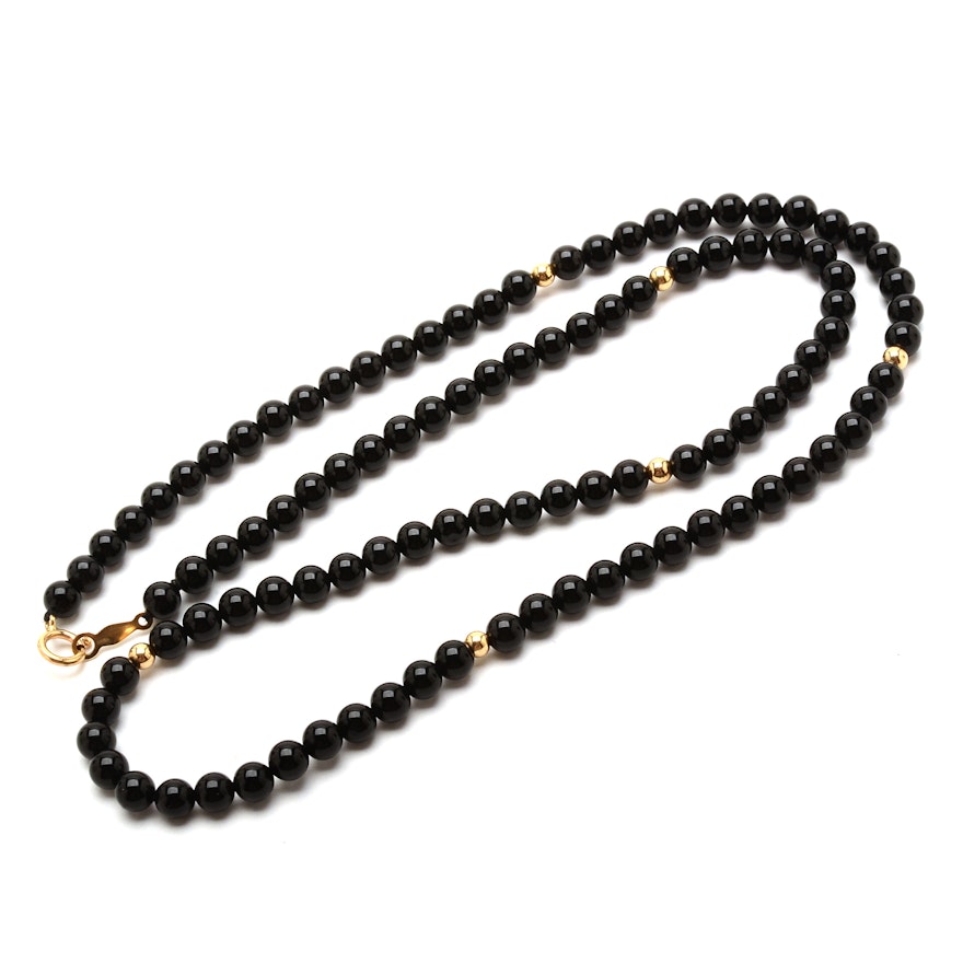 14K Yellow Gold and Black Onyx Beaded Necklace