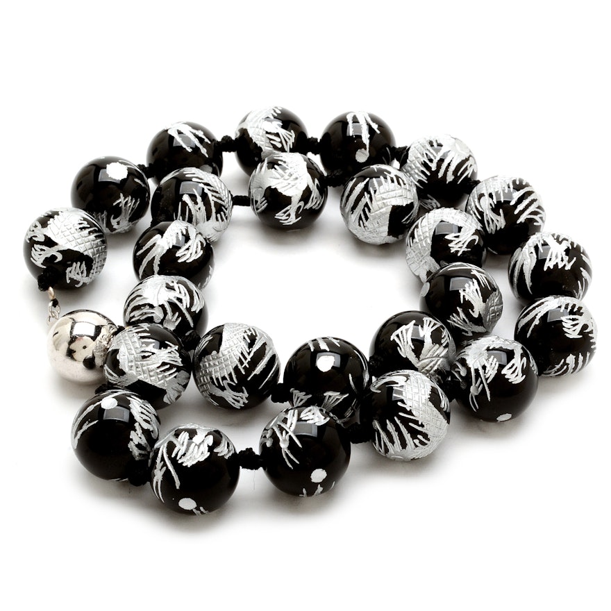 Sterling Silver and Carved Black Onyx Beaded Necklace