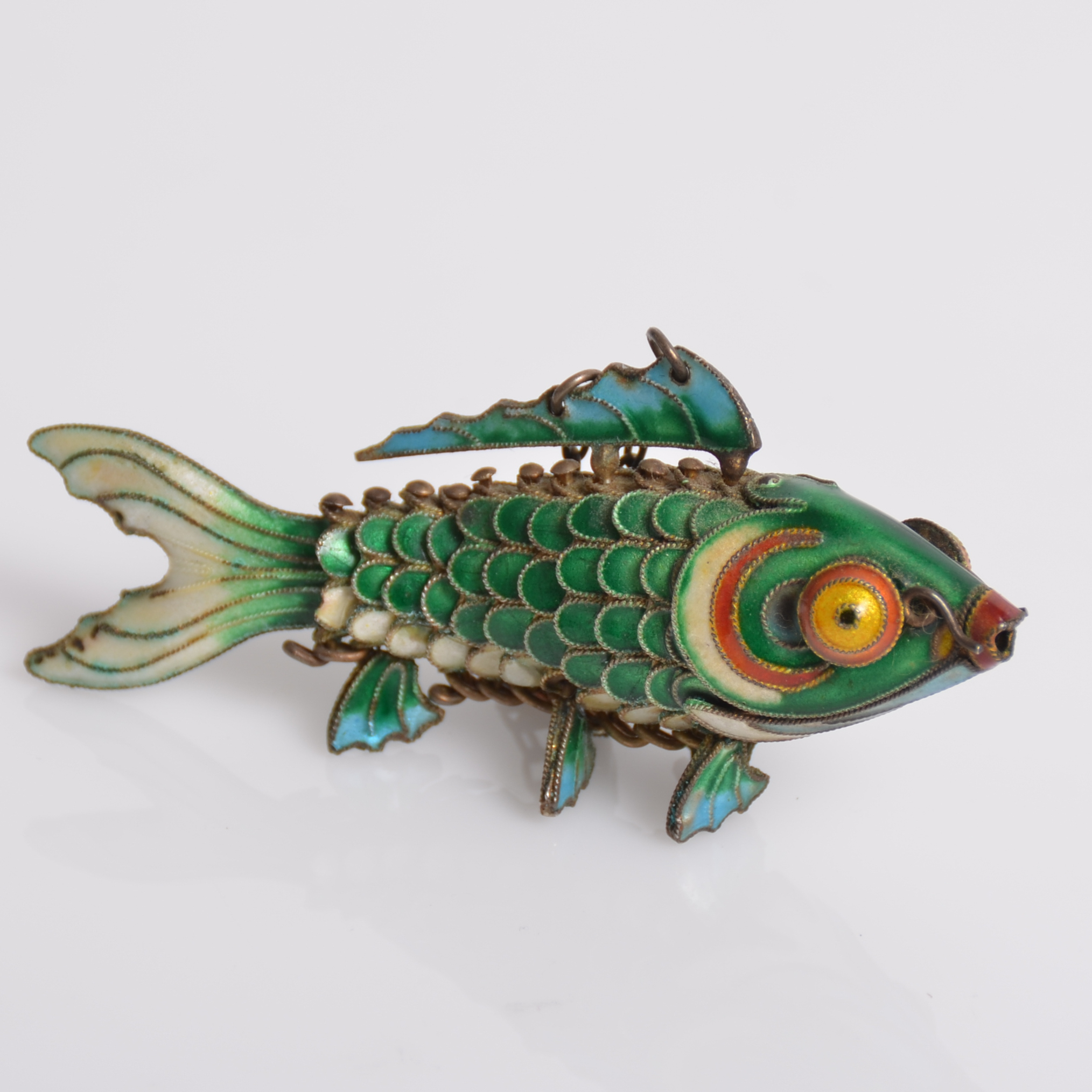 Vintage Sterling Silver and Enamel Articulated Fish Pendant