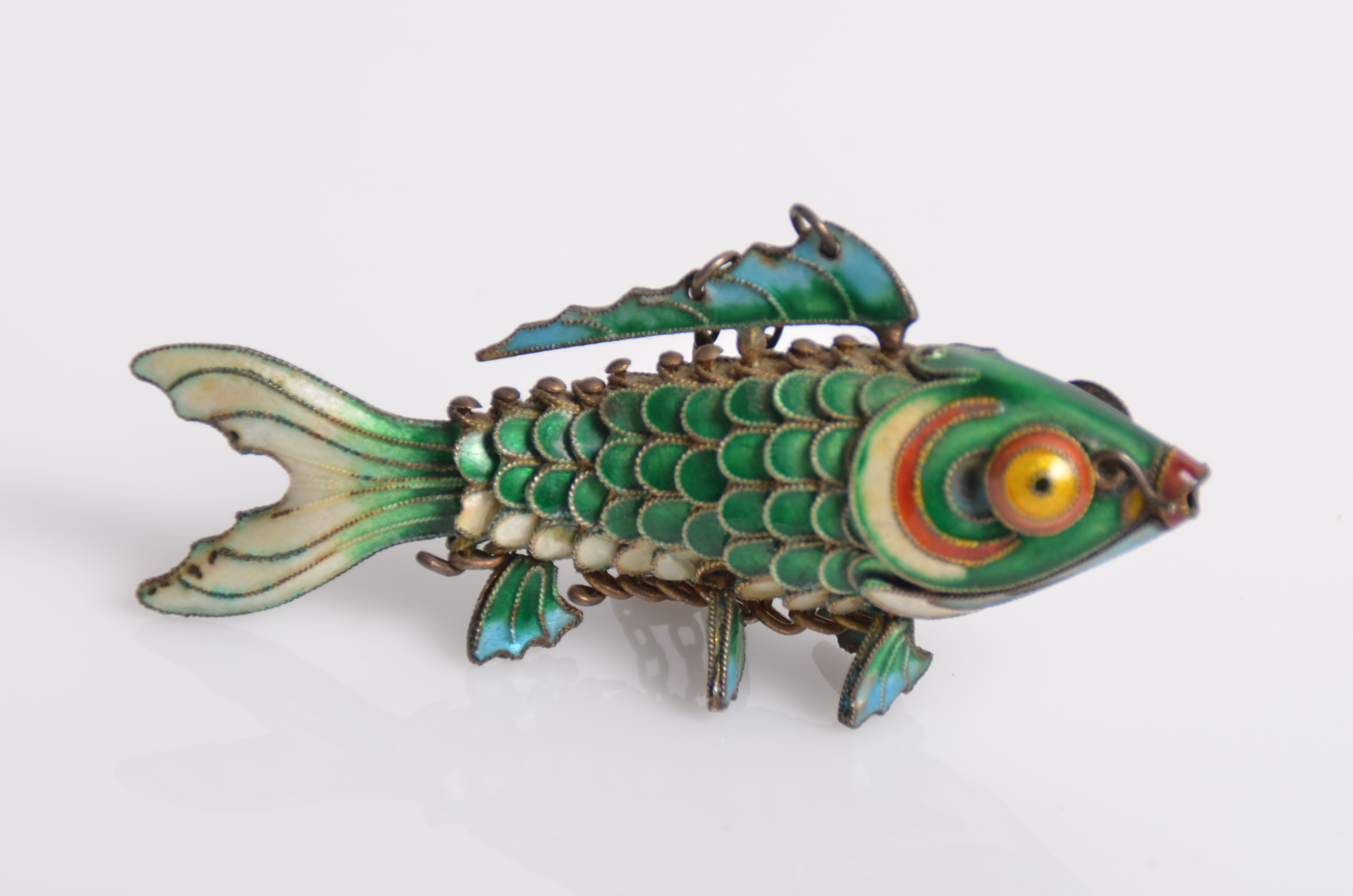 Vintage Sterling Silver and Enamel Articulated Fish Pendant