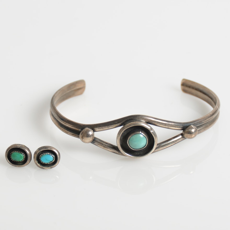 Sterling Silver and Shadow Box Turquoise Cuff Bracelet and Stud Earrings