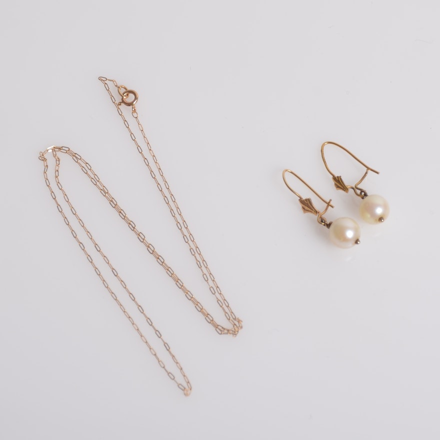 14K Yellow Gold and Freshwater Pearl Earrings and Necklace Chain