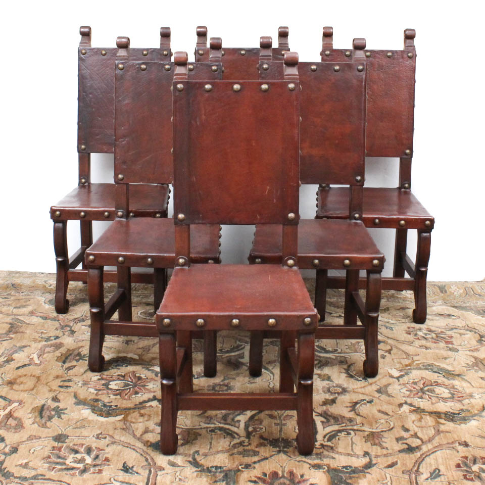 Antique Peruvian Handcrafted Leather Tooled Dining Chair Set