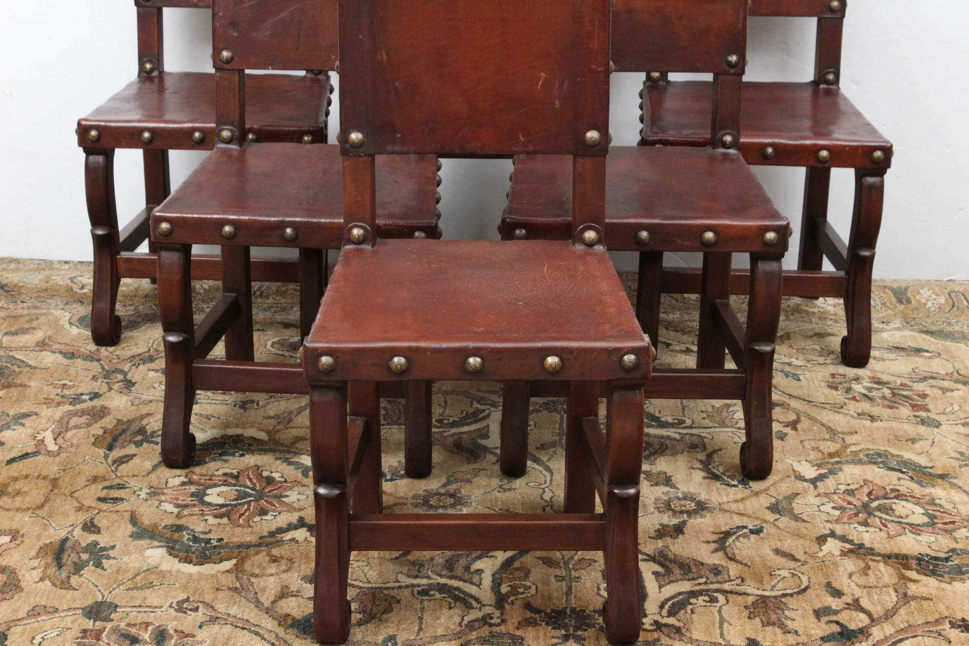 Antique Peruvian Handcrafted Leather Tooled Dining Chair Set