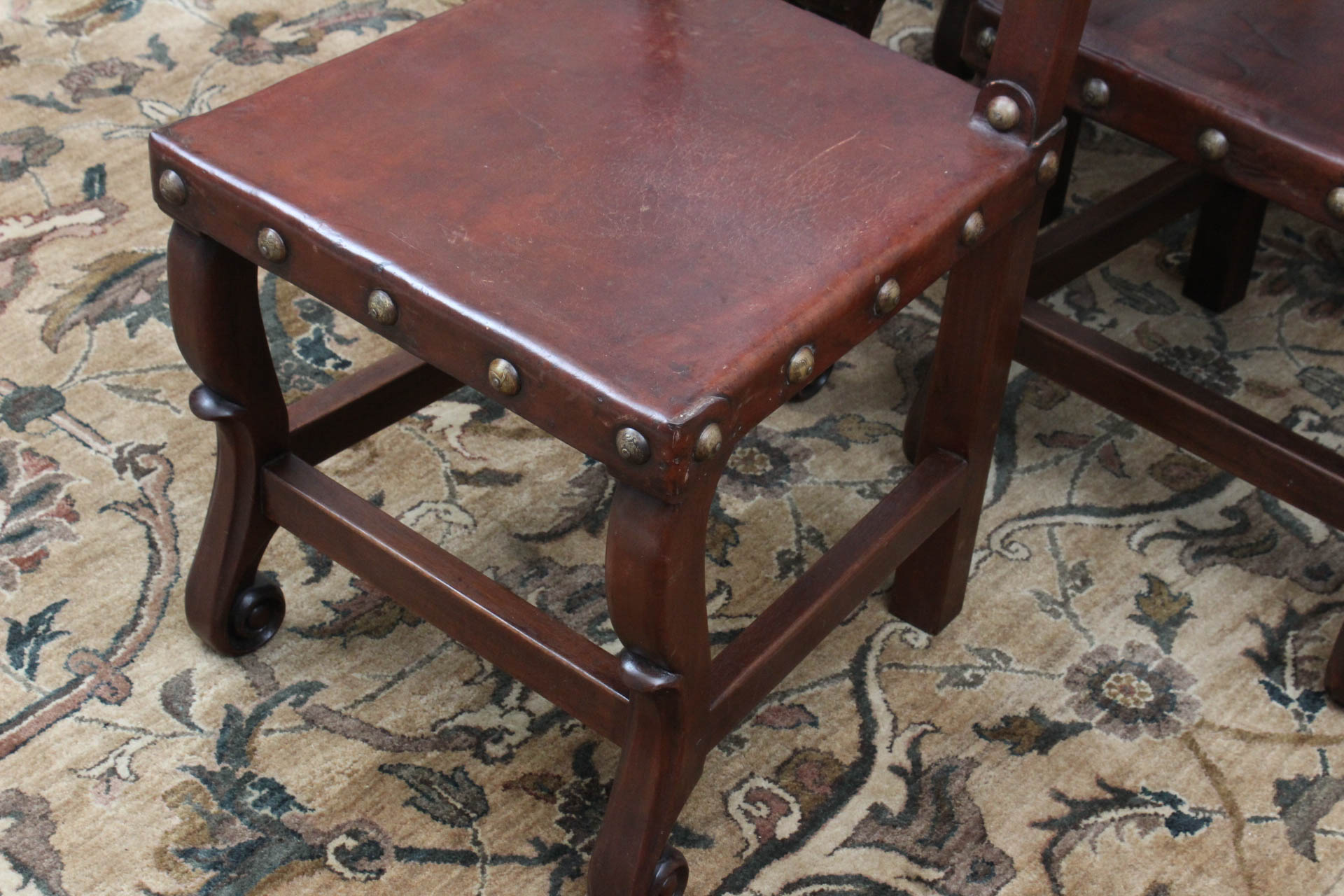 Antique Peruvian Handcrafted Leather Tooled Dining Chair Set