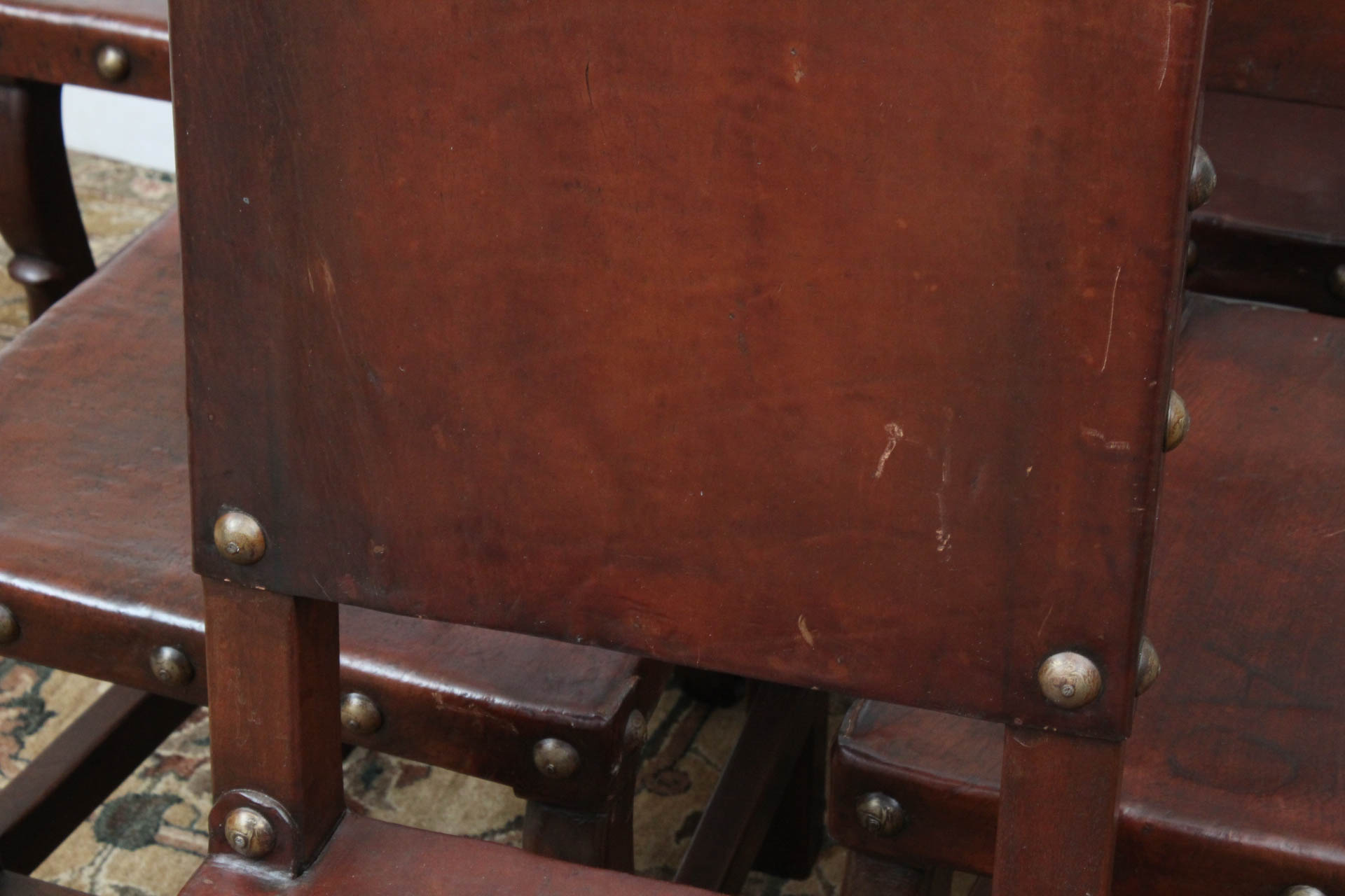 Antique Peruvian Handcrafted Leather Tooled Dining Chair Set